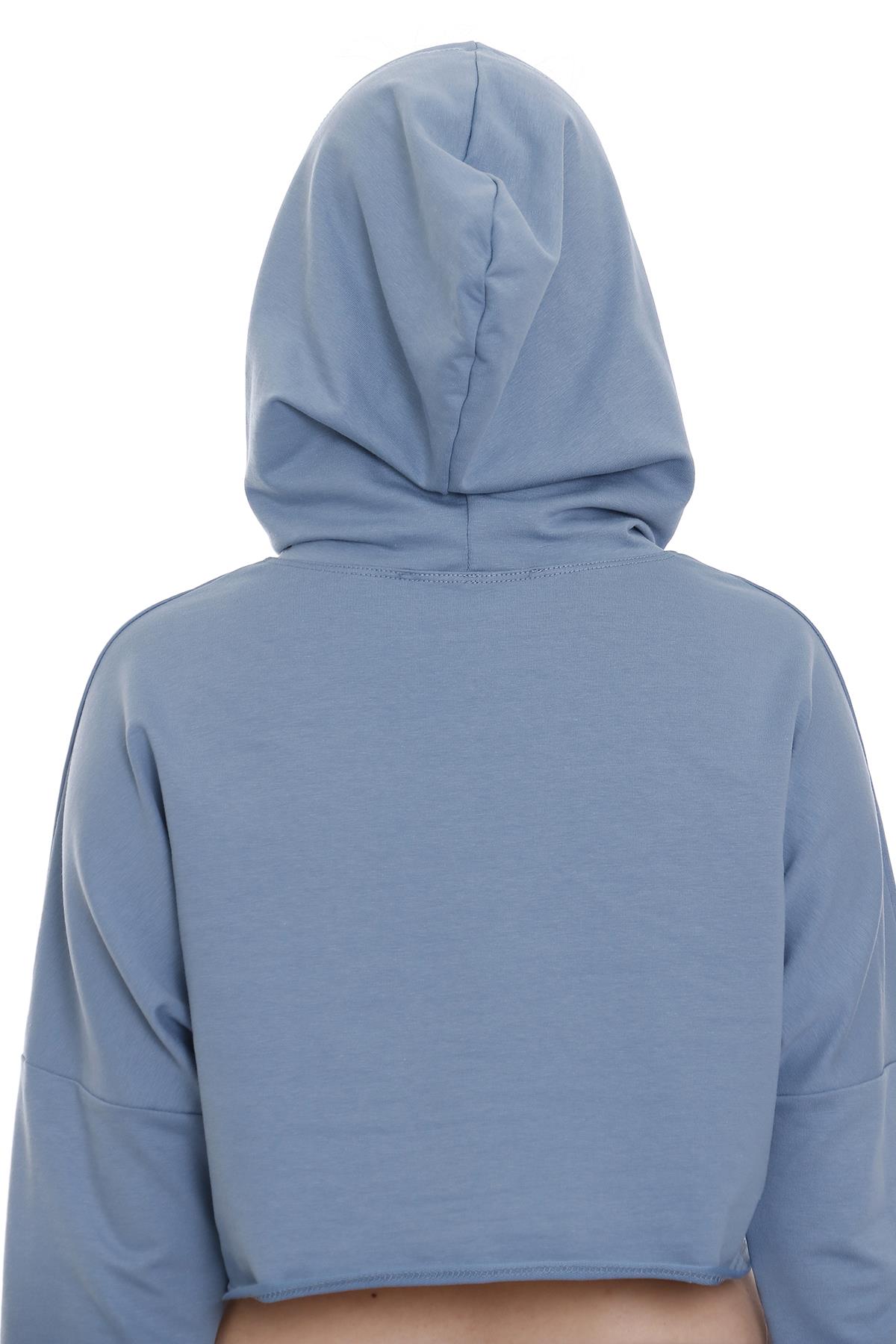 Kapüşonlu Bağcık Detaylı Crop Mavi Sweatshirt
