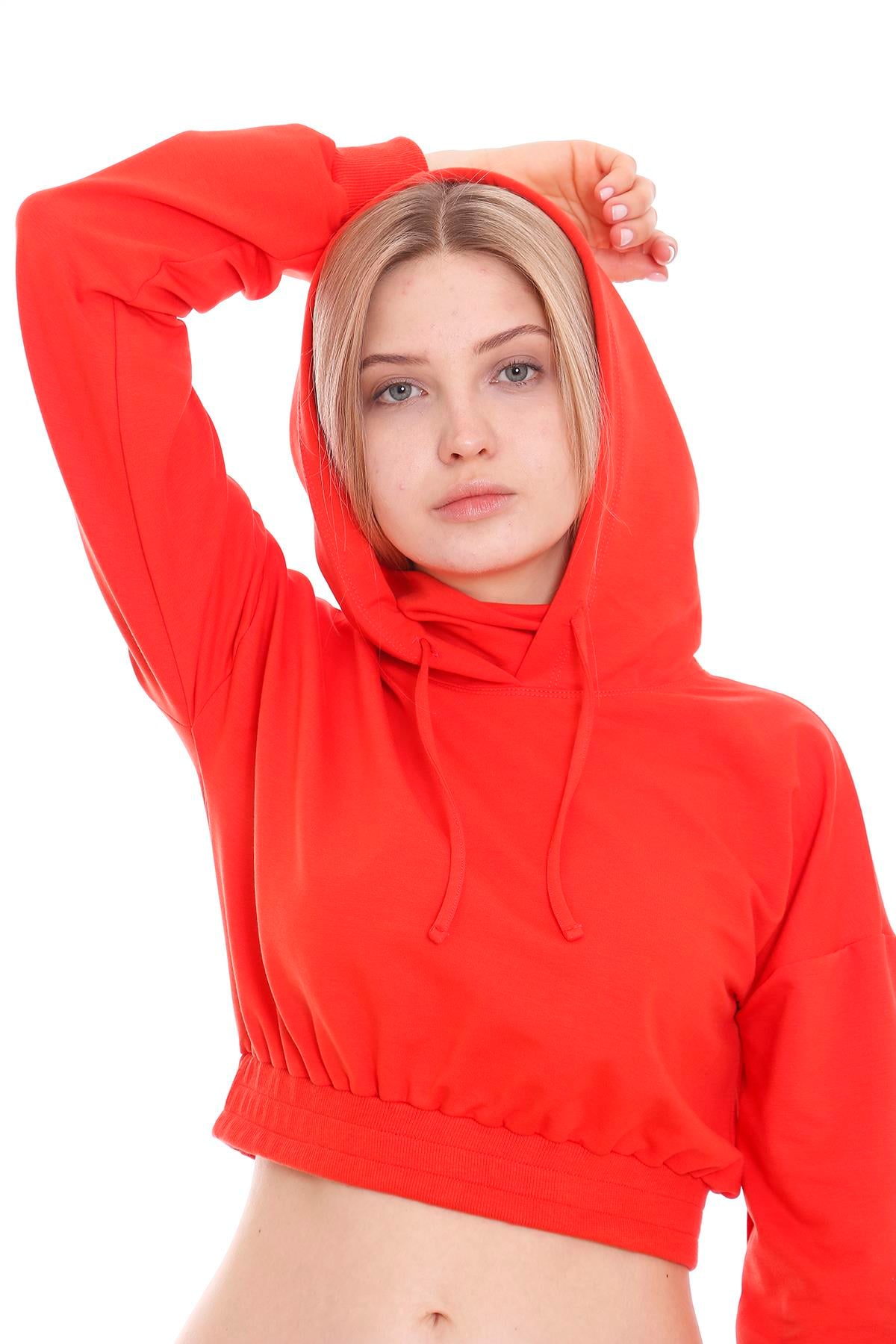 DISENTIS MODEST Kapüşonlu Uzun Kollu Balıkçı Yaka Crop Sweatshirt