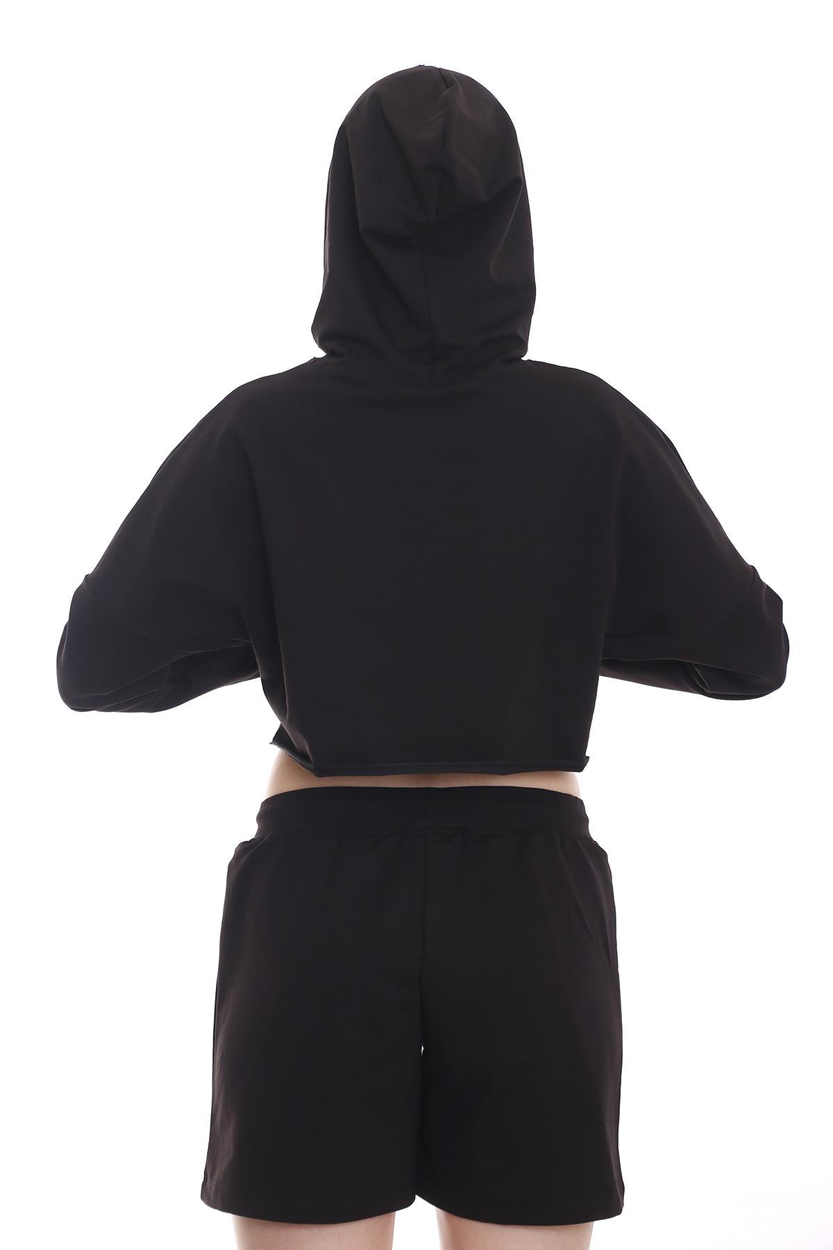 Kapüşonlu Bağcık Detaylı Crop Siyah Sweatshirt