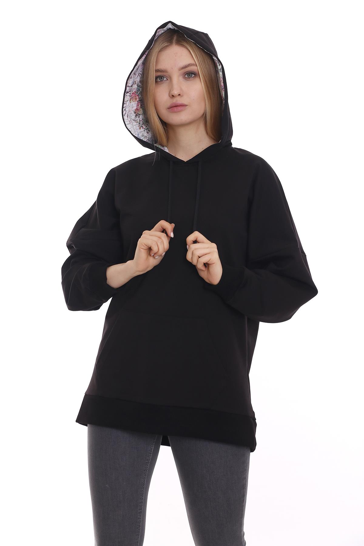 Kapüşonu Çiçek Desenli Uzun Kollu Kanguru Cepli Oversize Sweatshirt