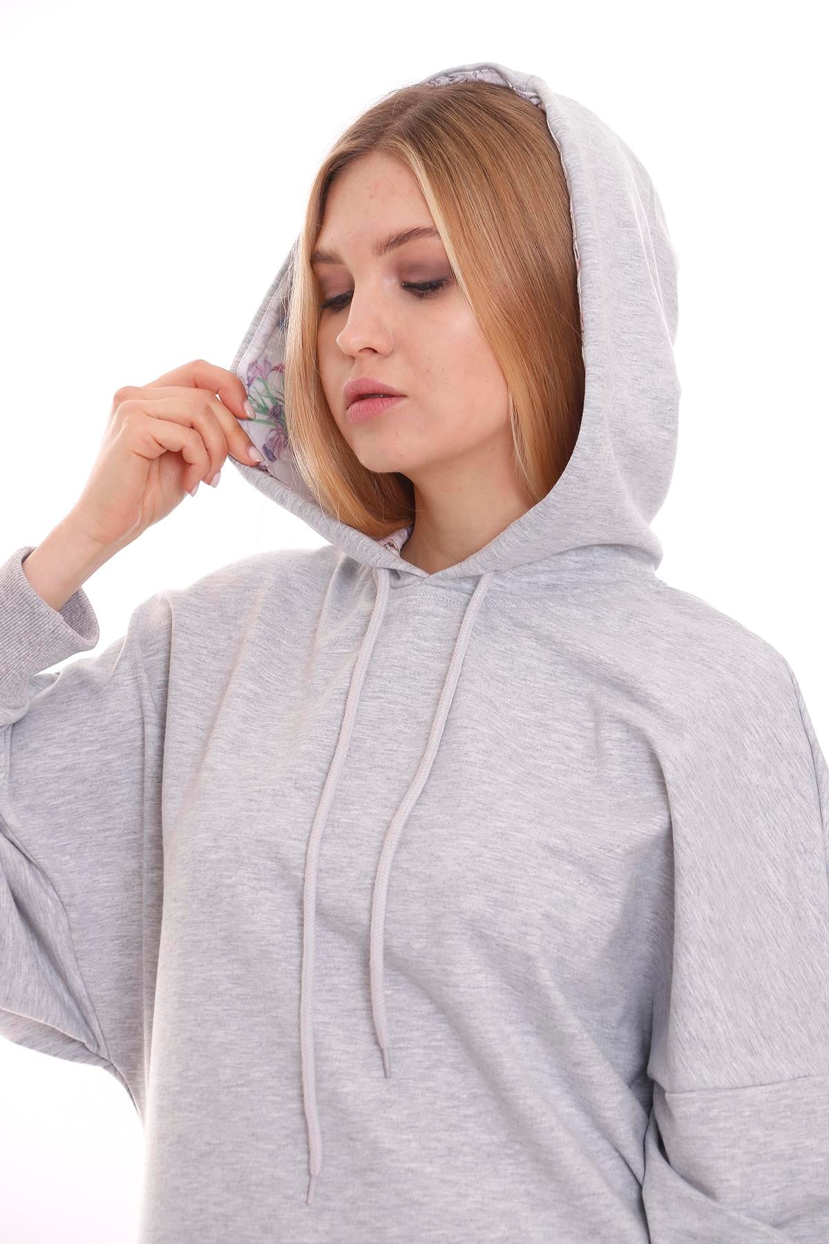 Kapüşonu Çiçek Desenli Uzun Kollu Kanguru Cepli Oversize Sweatshirt