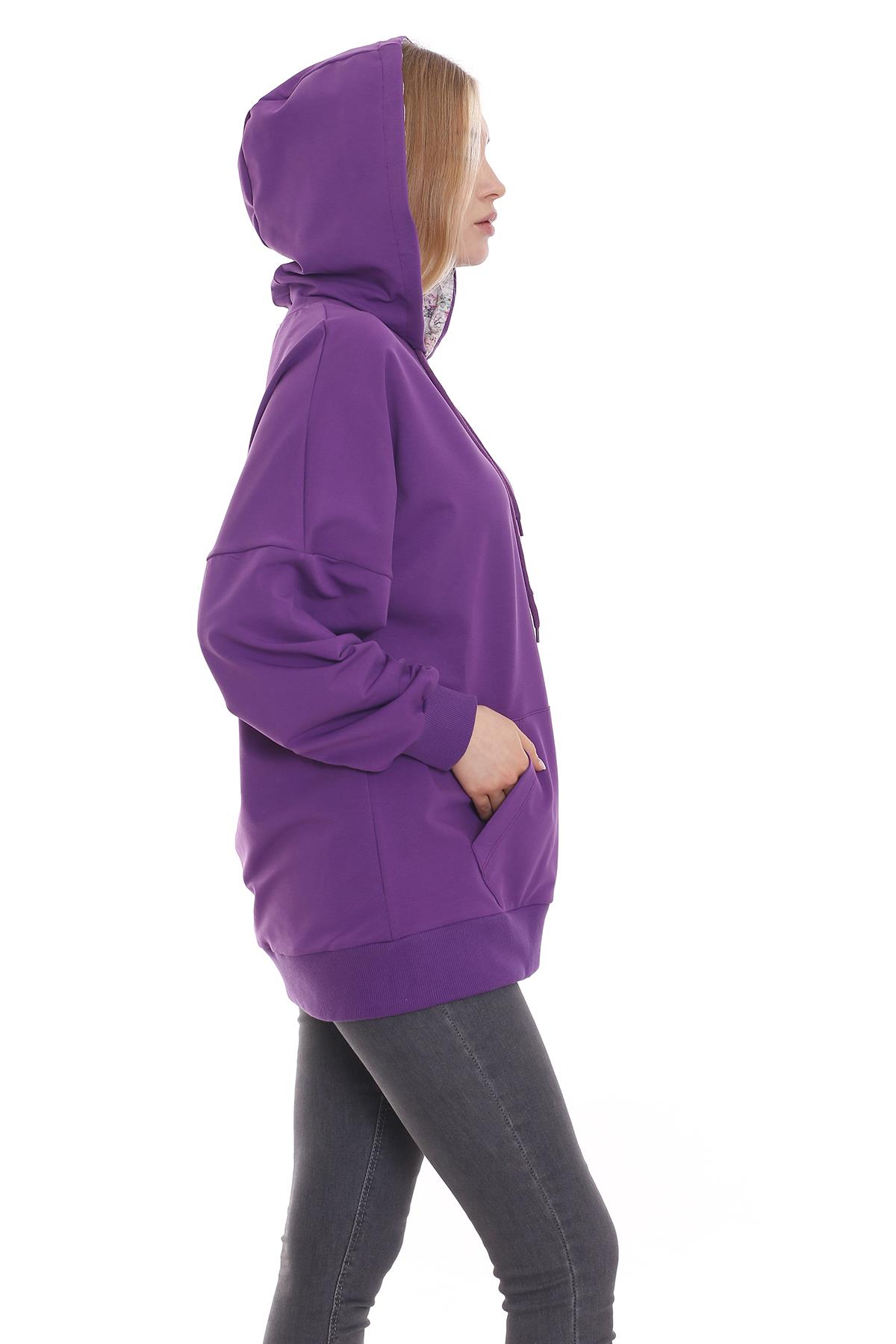 Kapüşonu Çiçek Desenli Uzun Kollu Kanguru Cepli Oversize Sweatshirt