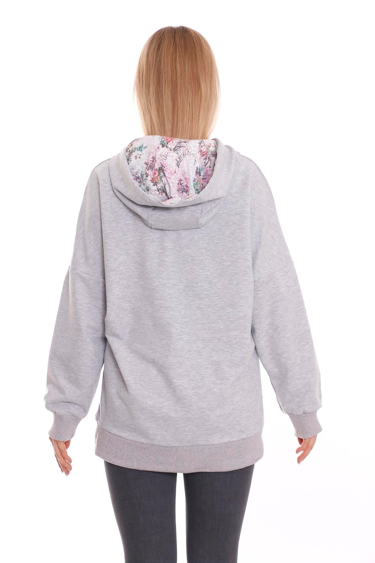 Kapüşonu Çiçek Desenli Uzun Kollu Kanguru Cepli Oversize Sweatshirt