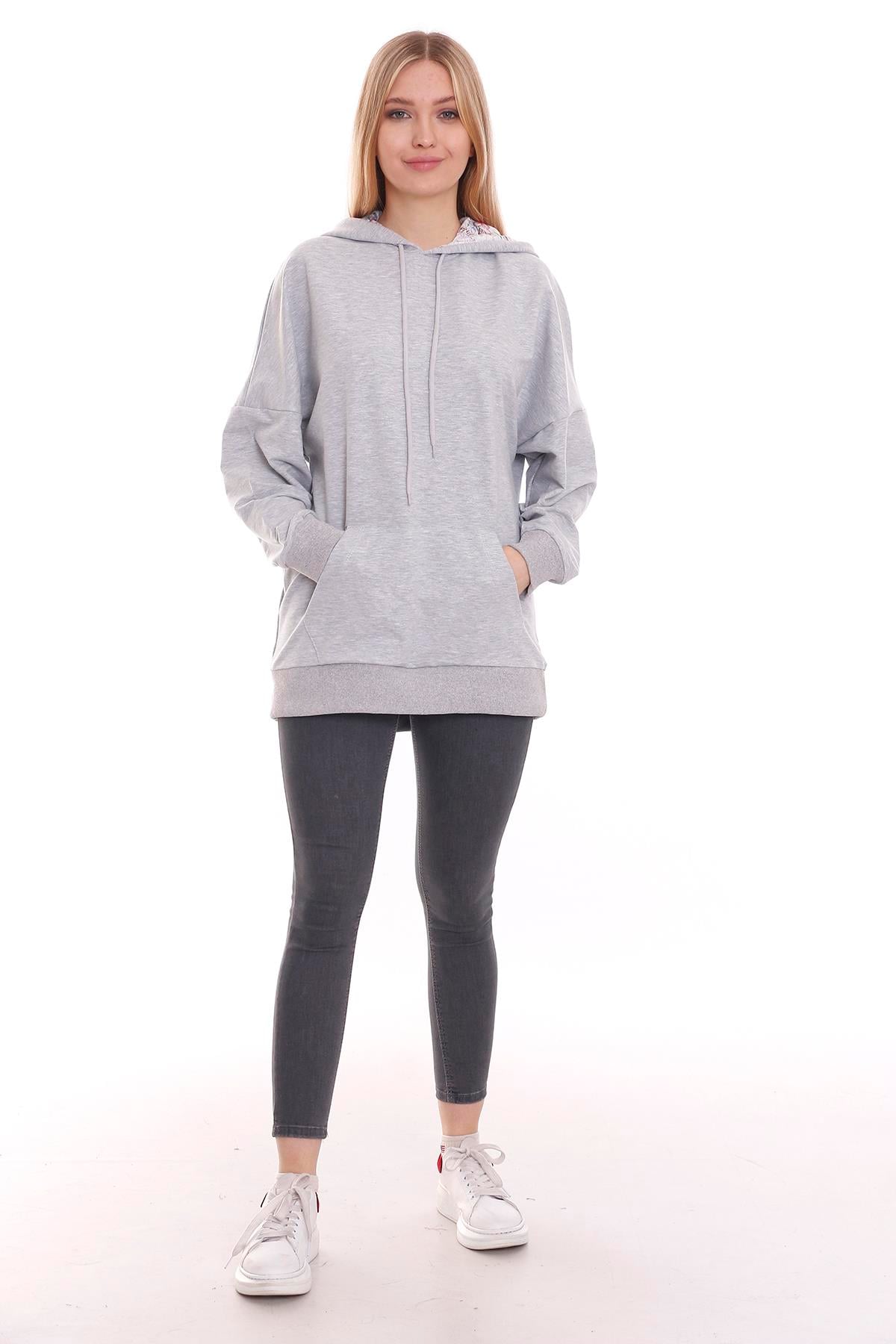 Kapüşonu Çiçek Desenli Uzun Kollu Kanguru Cepli Oversize Sweatshirt