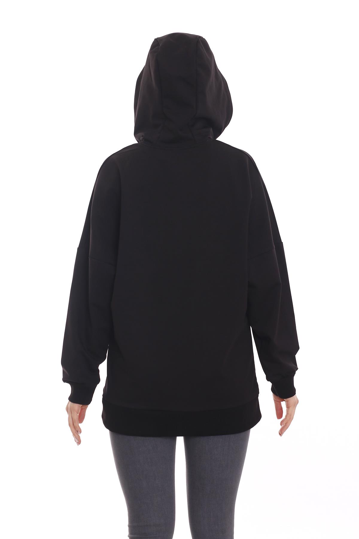 Kapüşonu Çiçek Desenli Uzun Kollu Kanguru Cepli Oversize Sweatshirt
