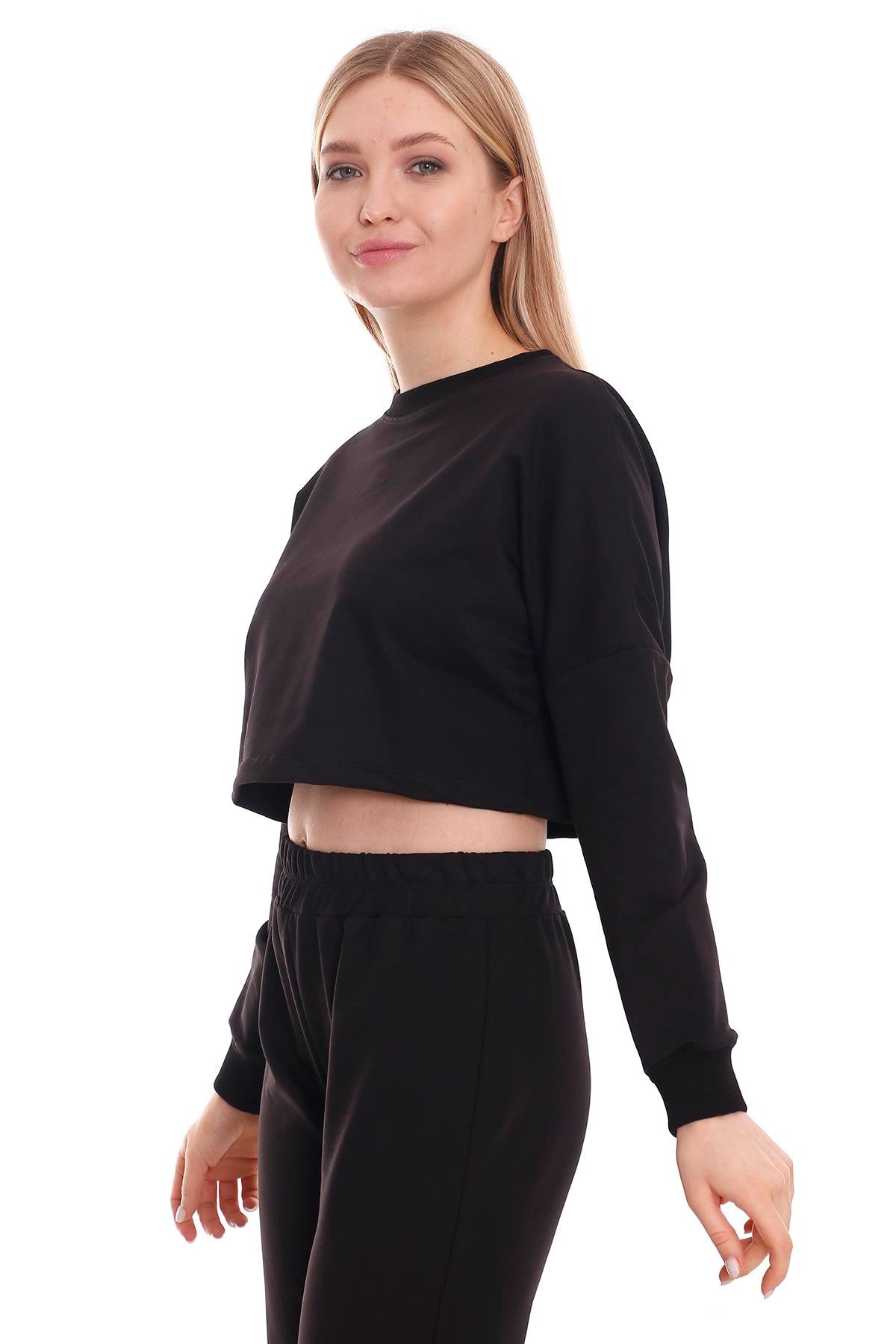 Uzun Kollu Crop Siyah Sweatshirt