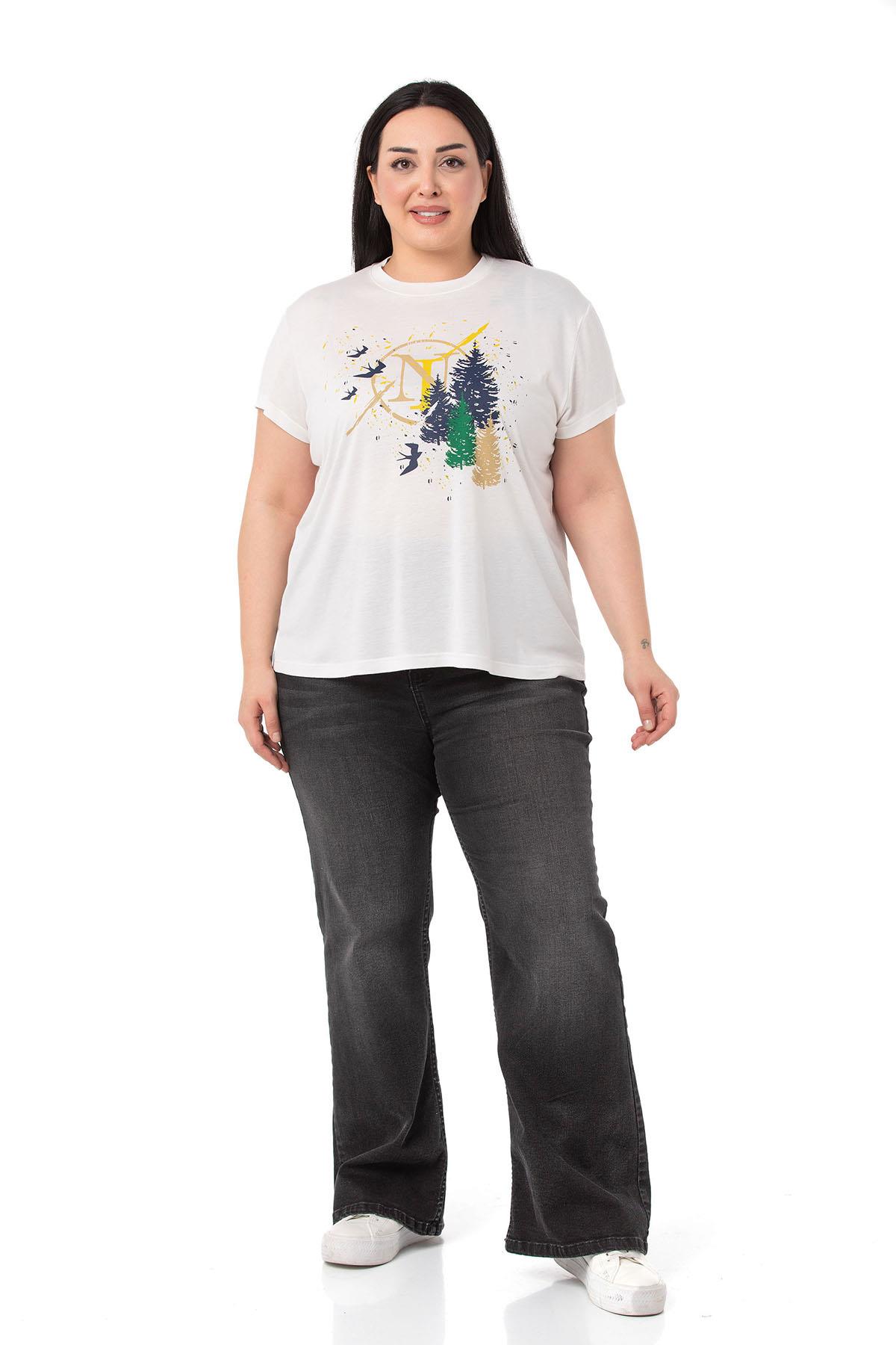 Plus Size Tree Printed Crew Neck White T-shirt
