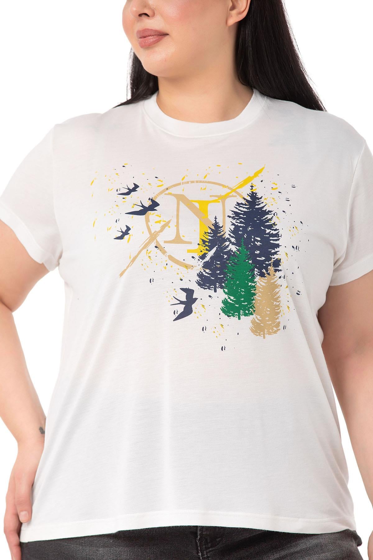 Plus Size Tree Printed Crew Neck White T-shirt