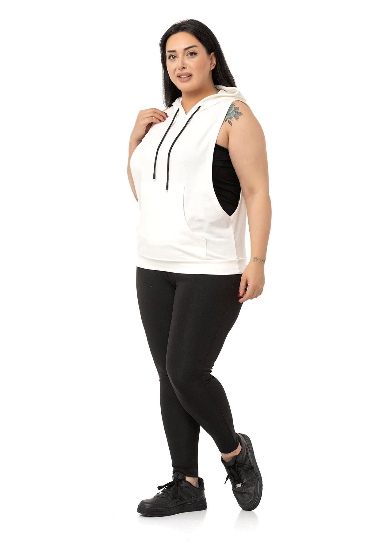 Plus Size Kangaroo Pocket Hooded White T-shirt with Wide Sleeves