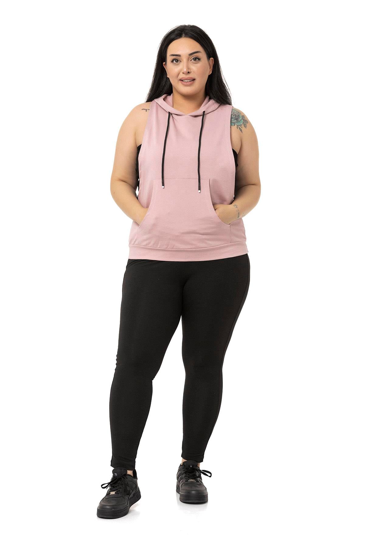 Plus Size Kangaroo Pocket Hooded Wide Sleeve Light Pink T-shirt