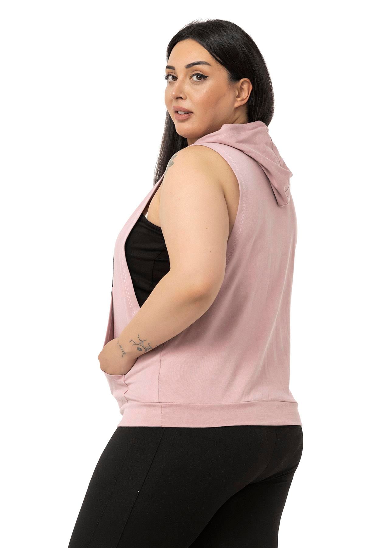 Plus Size Kangaroo Pocket Hooded Wide Sleeve Light Pink T-shirt