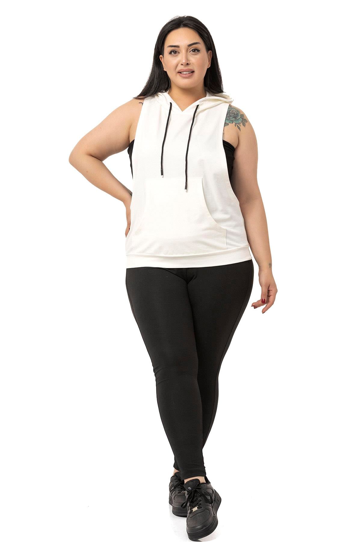 Plus Size Kangaroo Pocket Hooded White T-shirt with Wide Sleeves