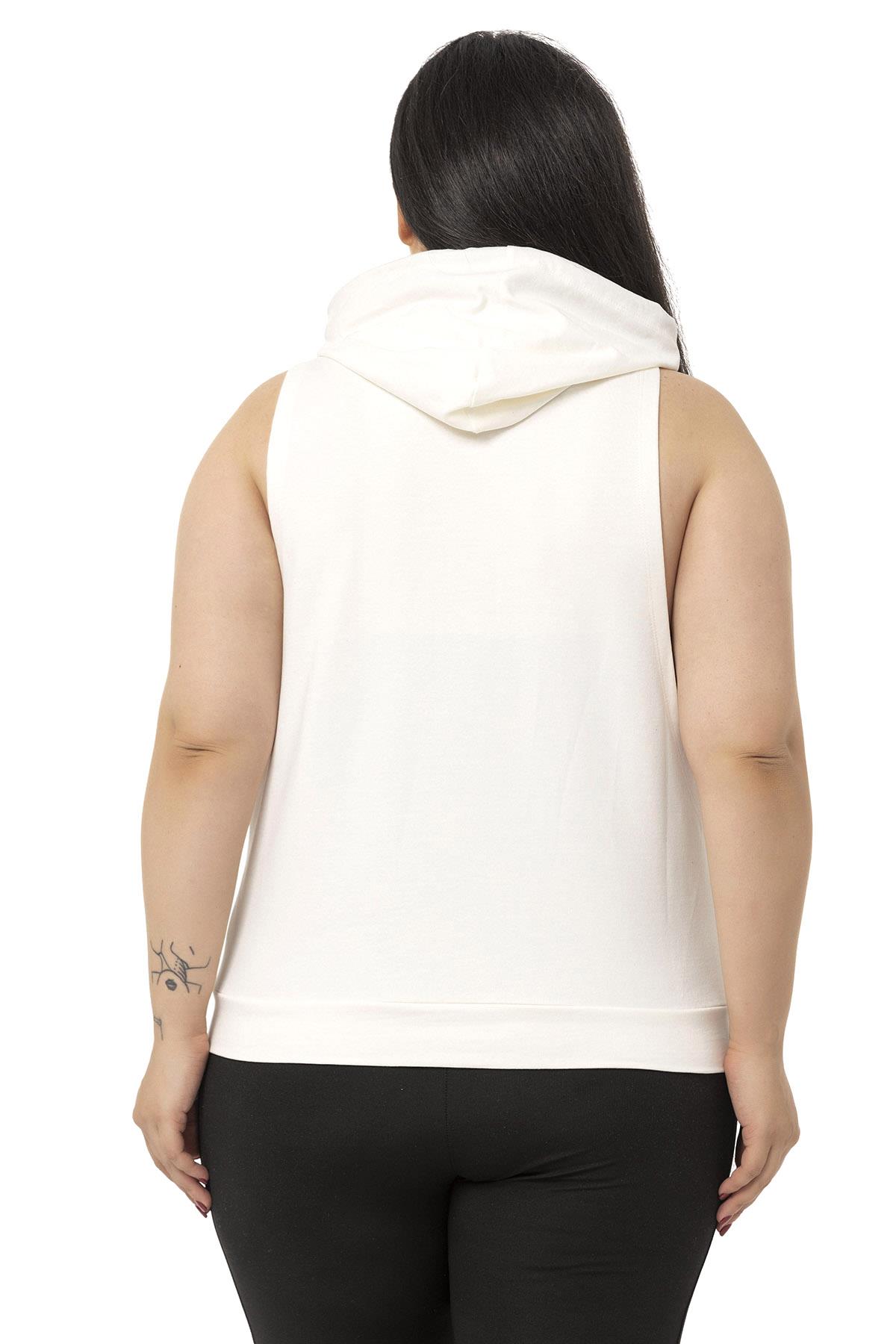 Plus Size Kangaroo Pocket Hooded White T-shirt with Wide Sleeves