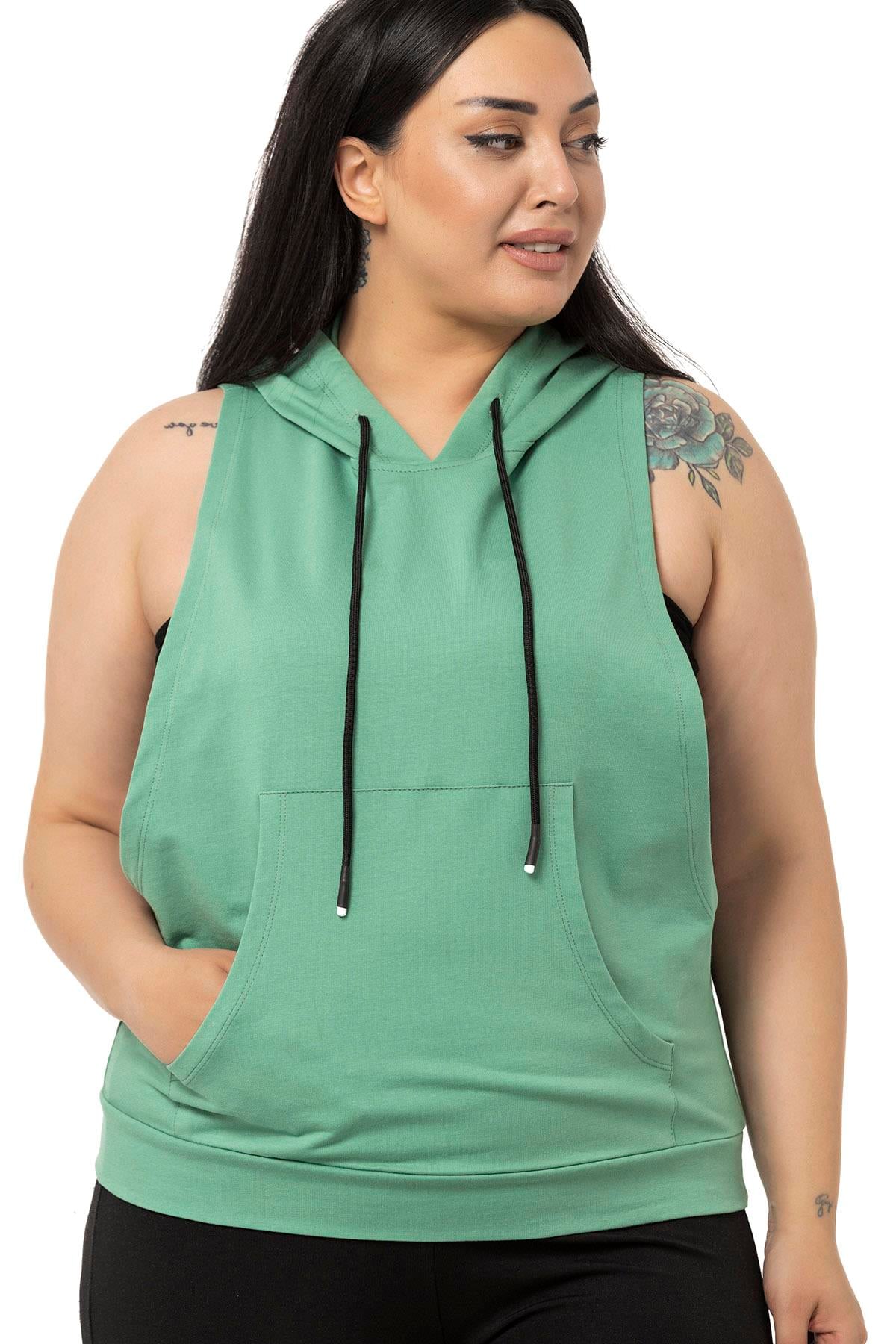 Plus Size Kangaroo Pocket Hooded Mint T-shirt with Wide Sleeves