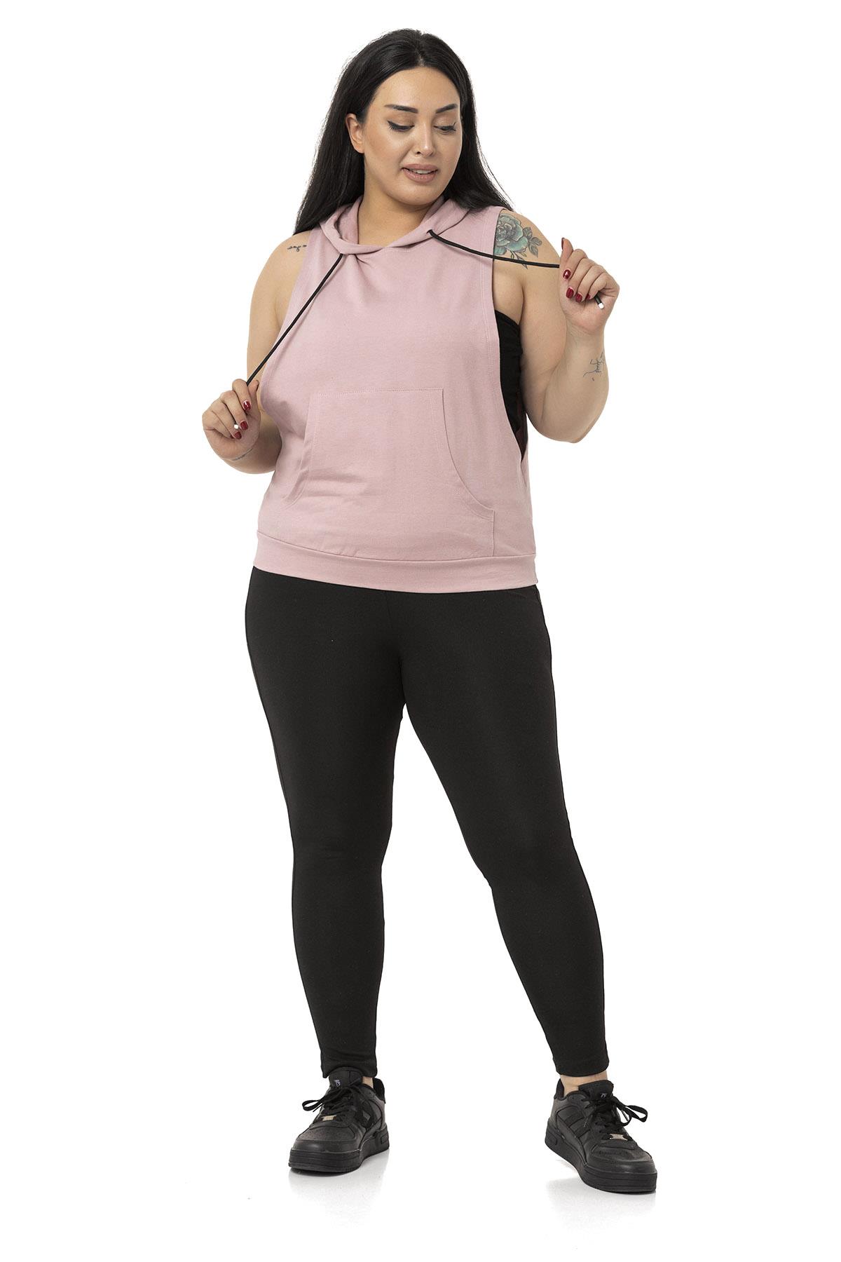 Plus Size Kangaroo Pocket Hooded Wide Sleeve Light Pink T-shirt