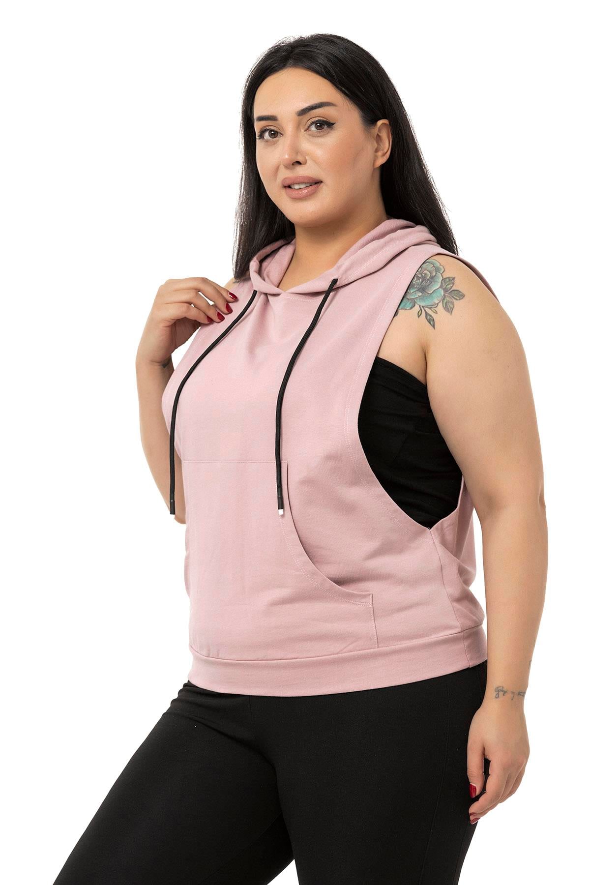 Plus Size Kangaroo Pocket Hooded Wide Sleeve Light Pink T-shirt