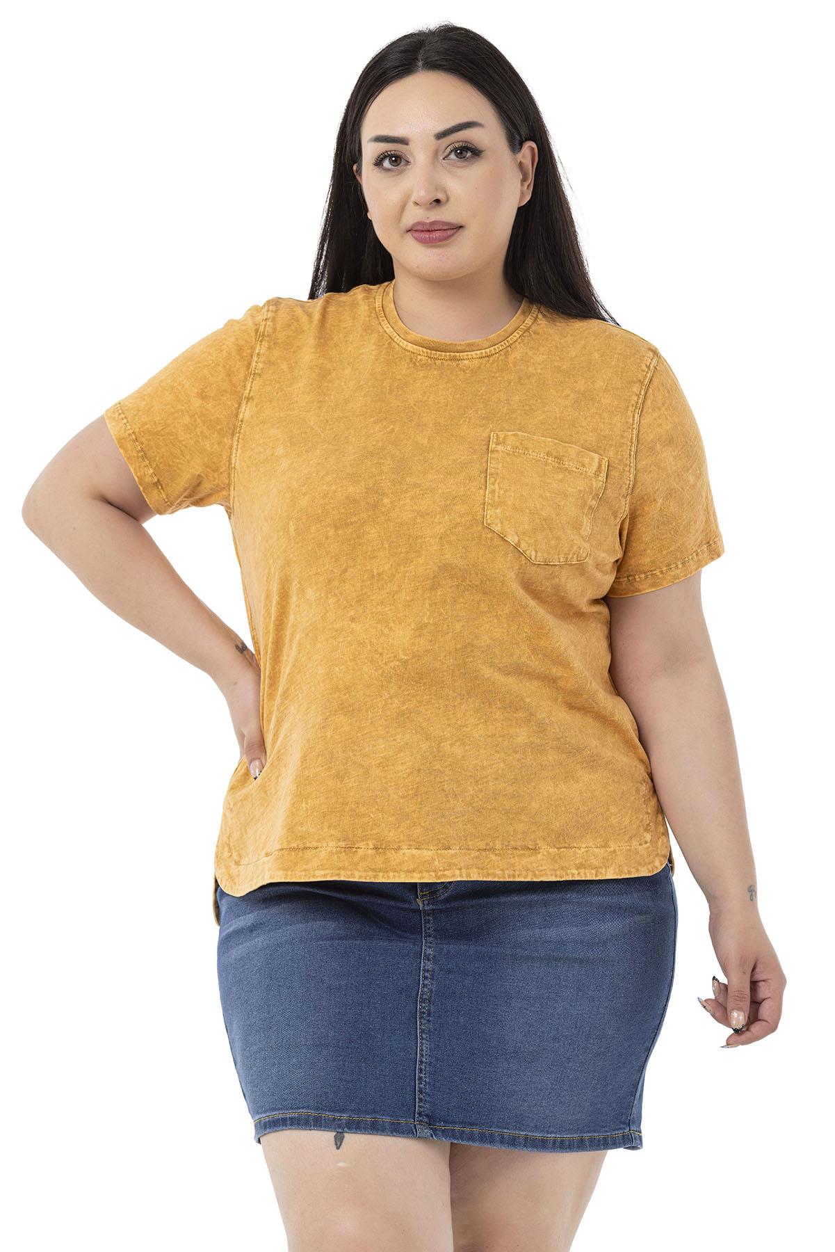 Büyük Beden Parça Boyalı Bisiklet Yaka Kavisli Yırtmaçlı Hardal T-shirt