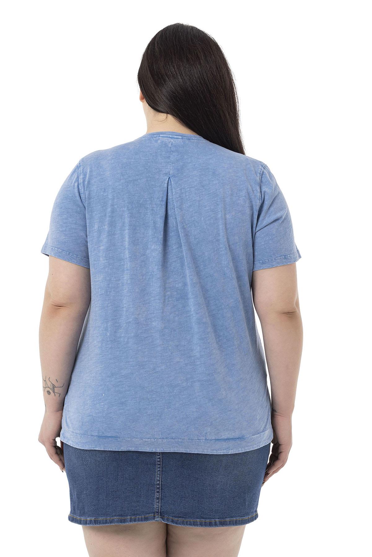 Büyük Beden Parça Boyalı Bisiklet Yaka Kavisli Yırtmaçlı Mavi T-shirt