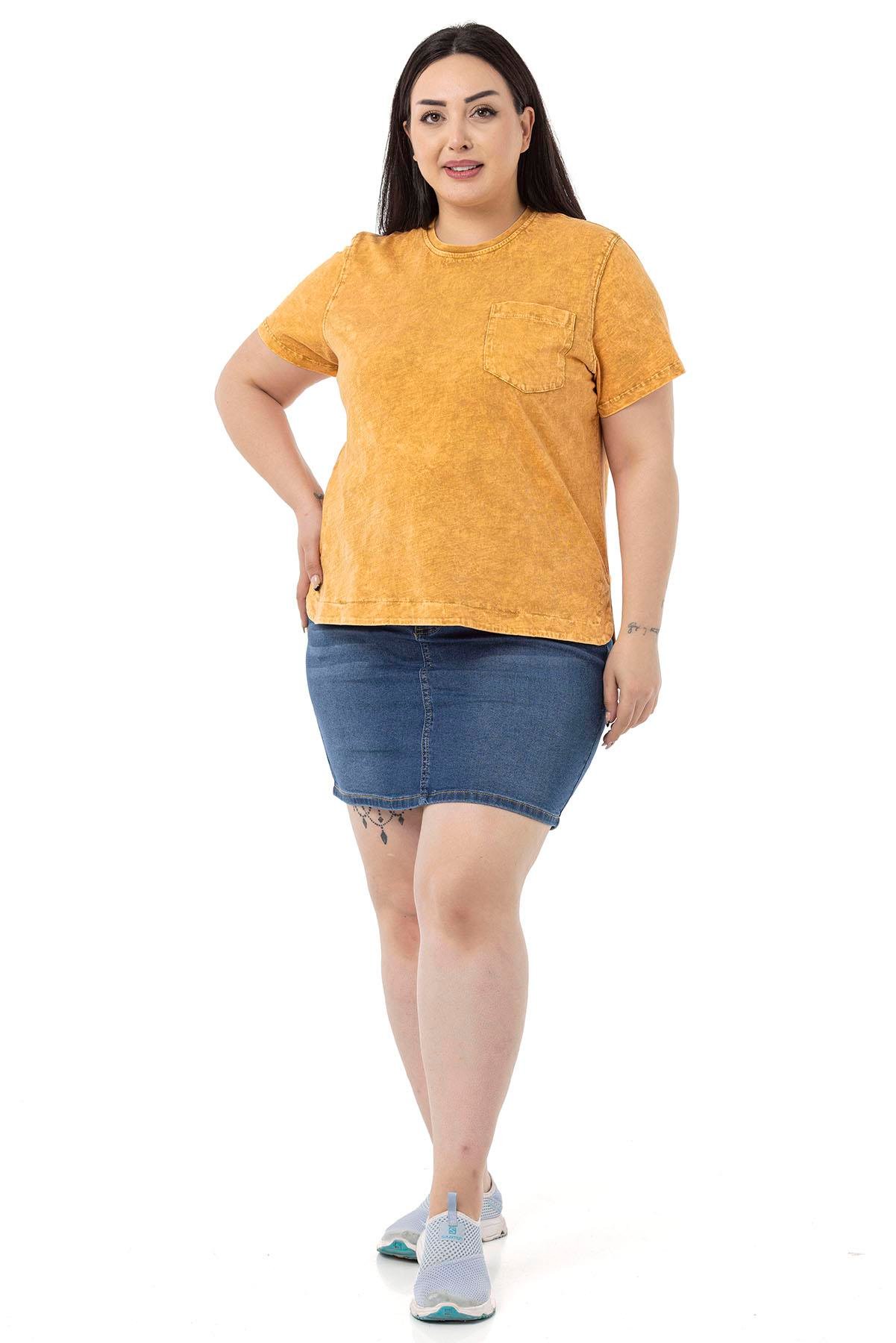 Büyük Beden Parça Boyalı Bisiklet Yaka Kavisli Yırtmaçlı Hardal T-shirt