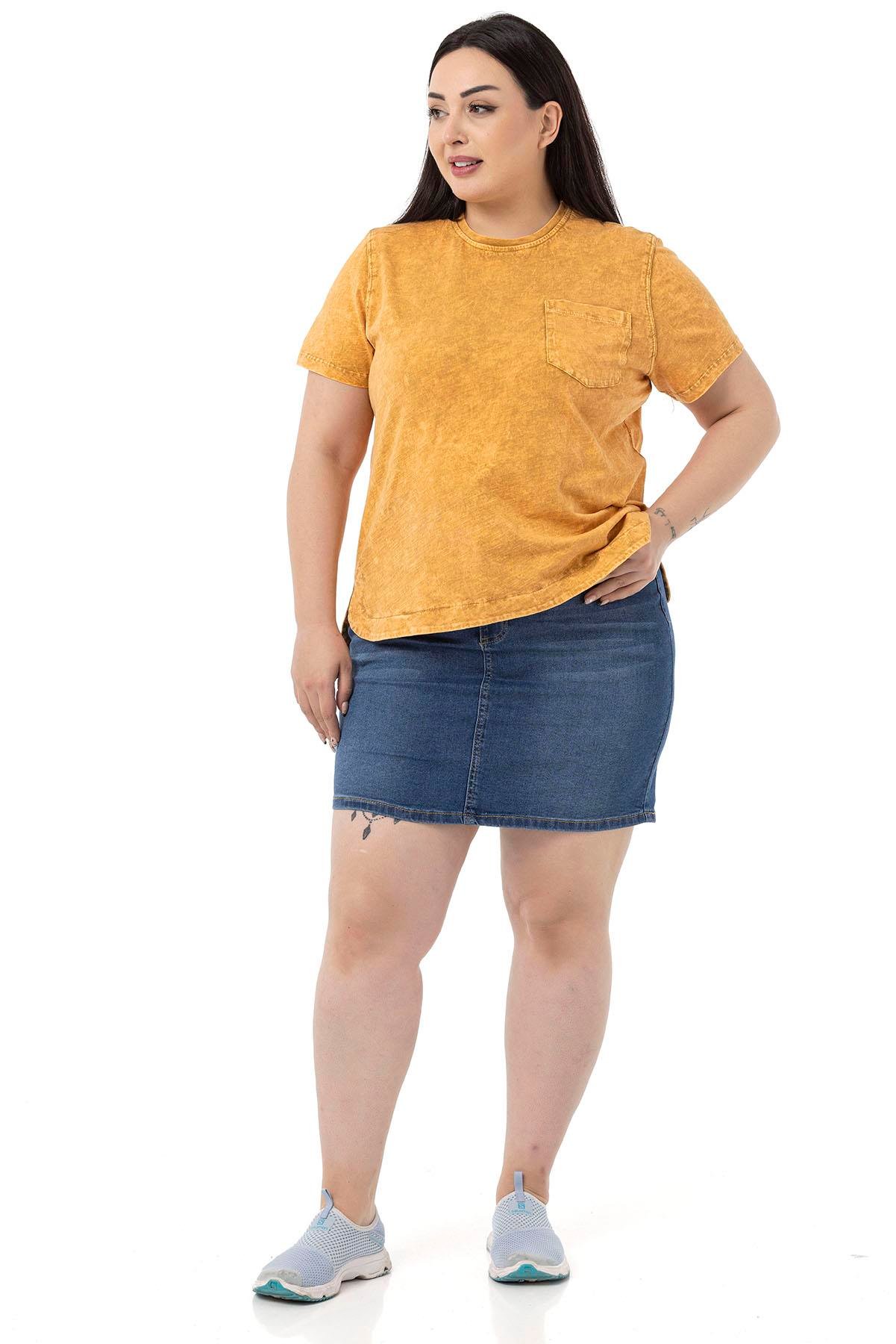 Büyük Beden Parça Boyalı Bisiklet Yaka Kavisli Yırtmaçlı Hardal T-shirt