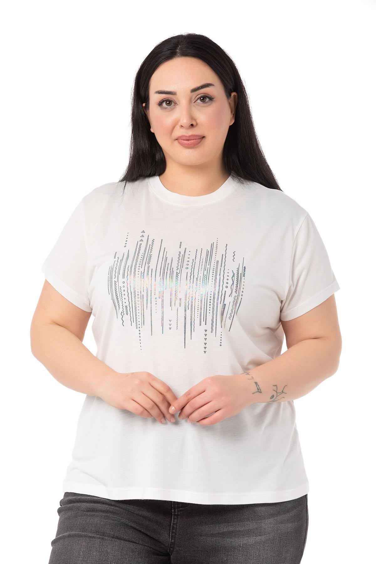 Büyük Beden Parlak Baskılı Bisiklet Yaka Beyaz T-shirt