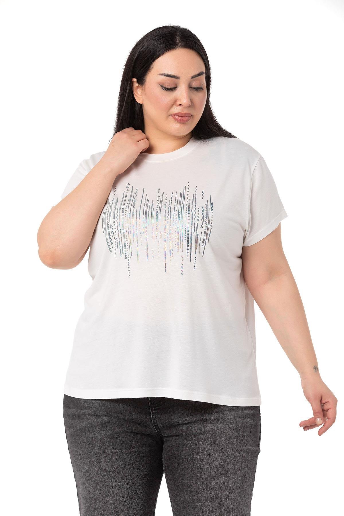 Büyük Beden Parlak Baskılı Bisiklet Yaka Beyaz T-shirt