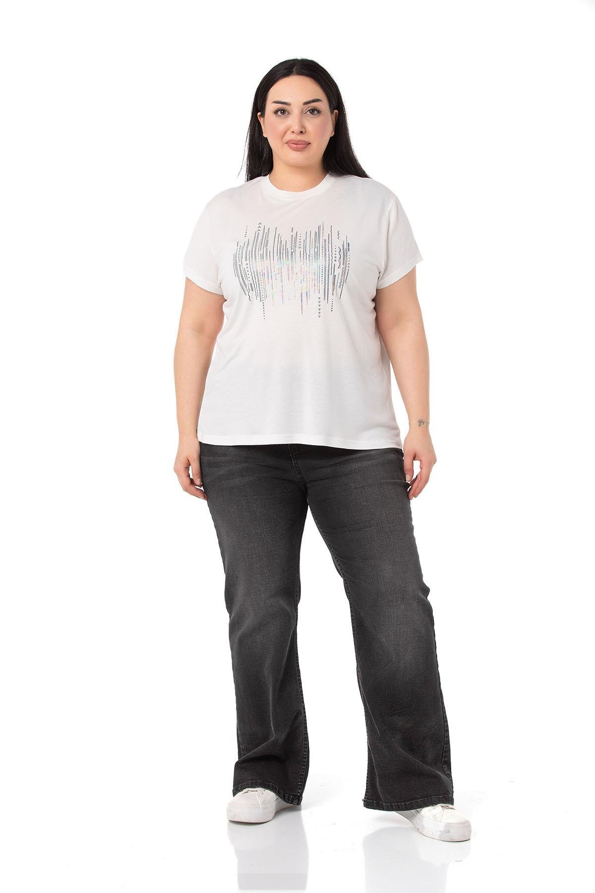 Büyük Beden Parlak Baskılı Bisiklet Yaka Beyaz T-shirt