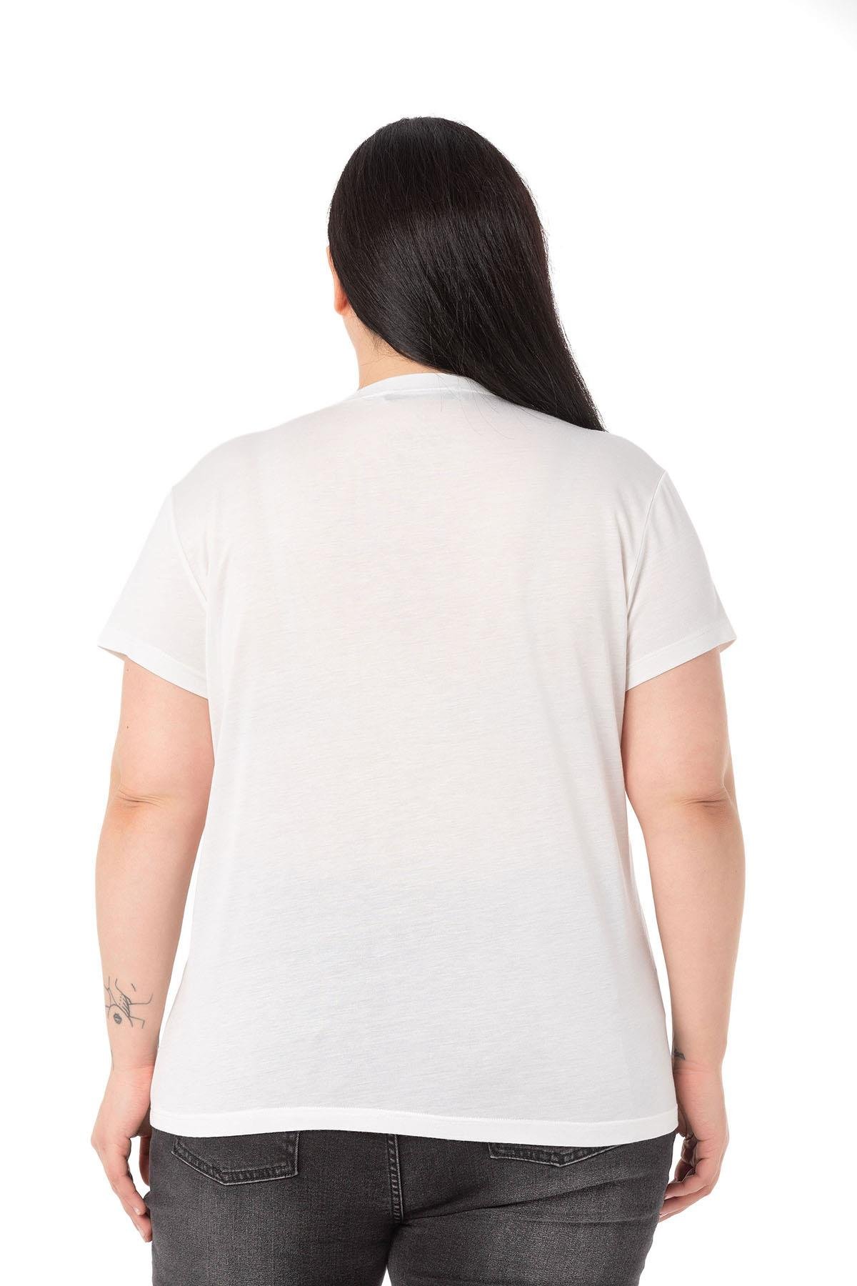 Büyük Beden Parlak Baskılı Bisiklet Yaka Beyaz T-shirt