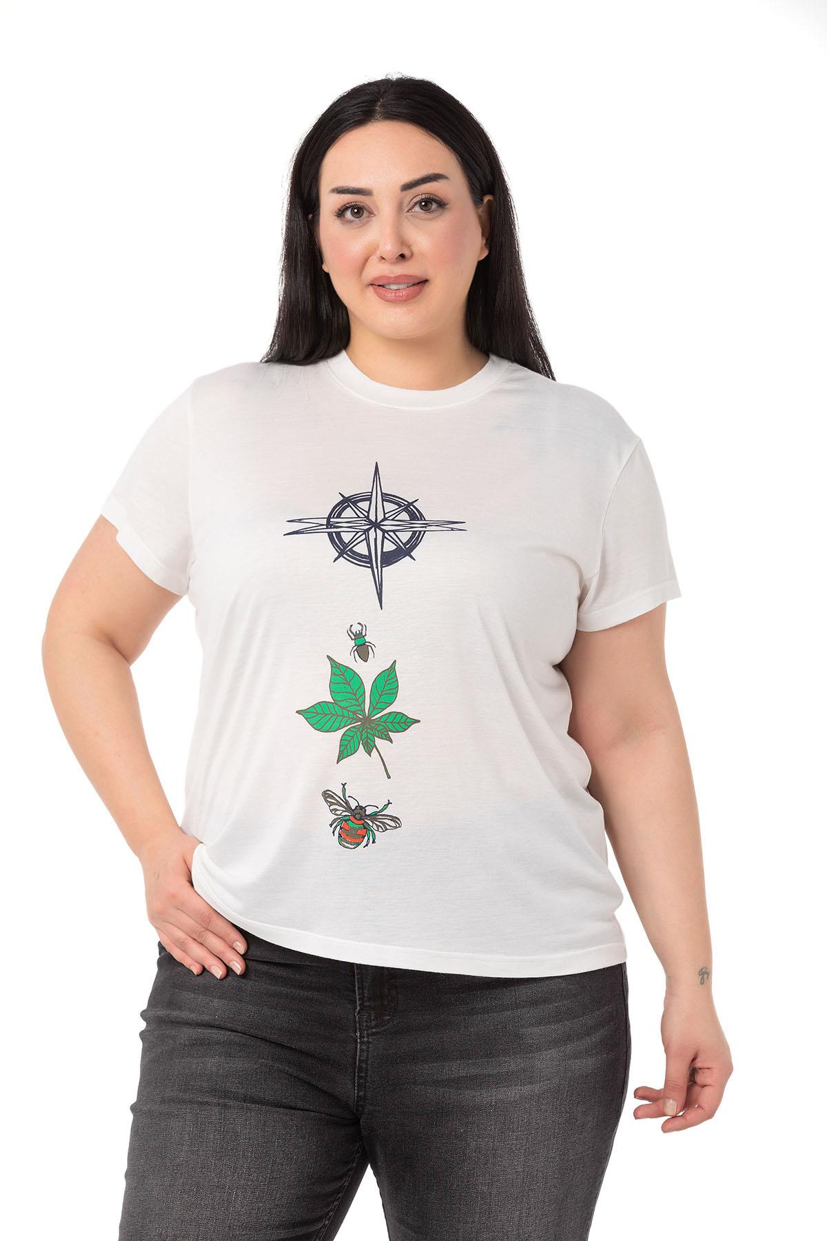 Plus Size Compass Printed Crew Neck White T-shirt