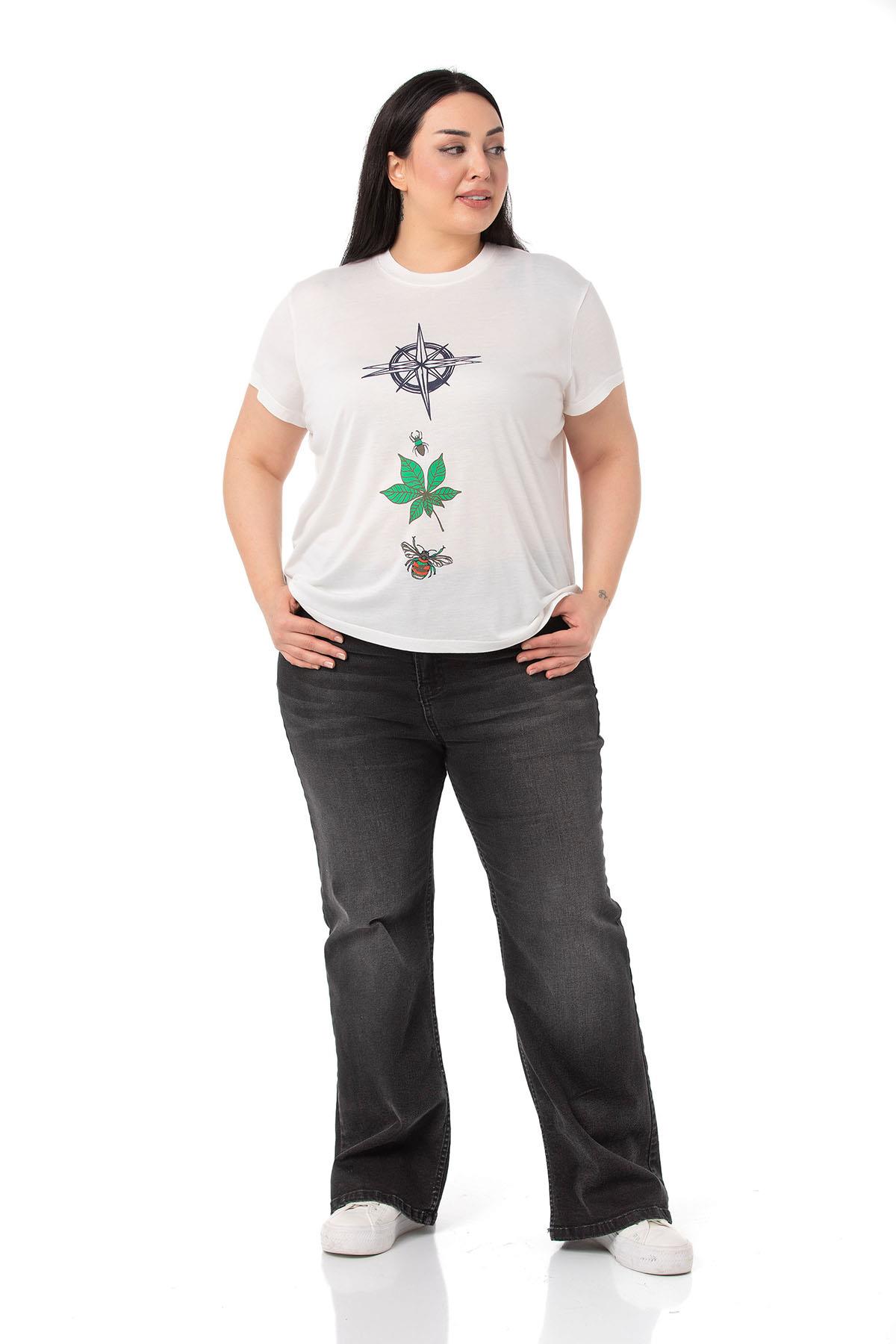 Plus Size Compass Printed Crew Neck White T-shirt