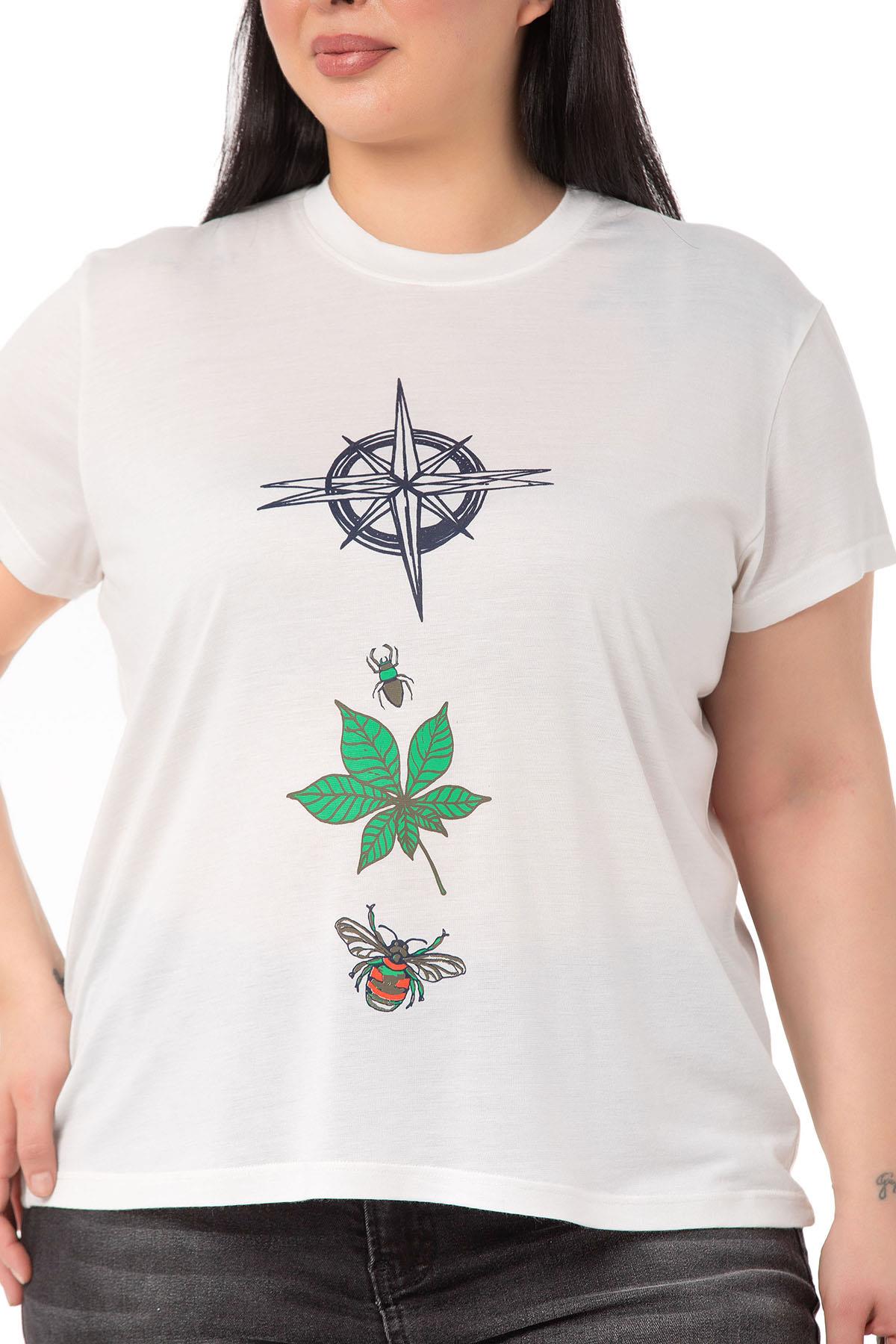 Plus Size Compass Printed Crew Neck White T-shirt