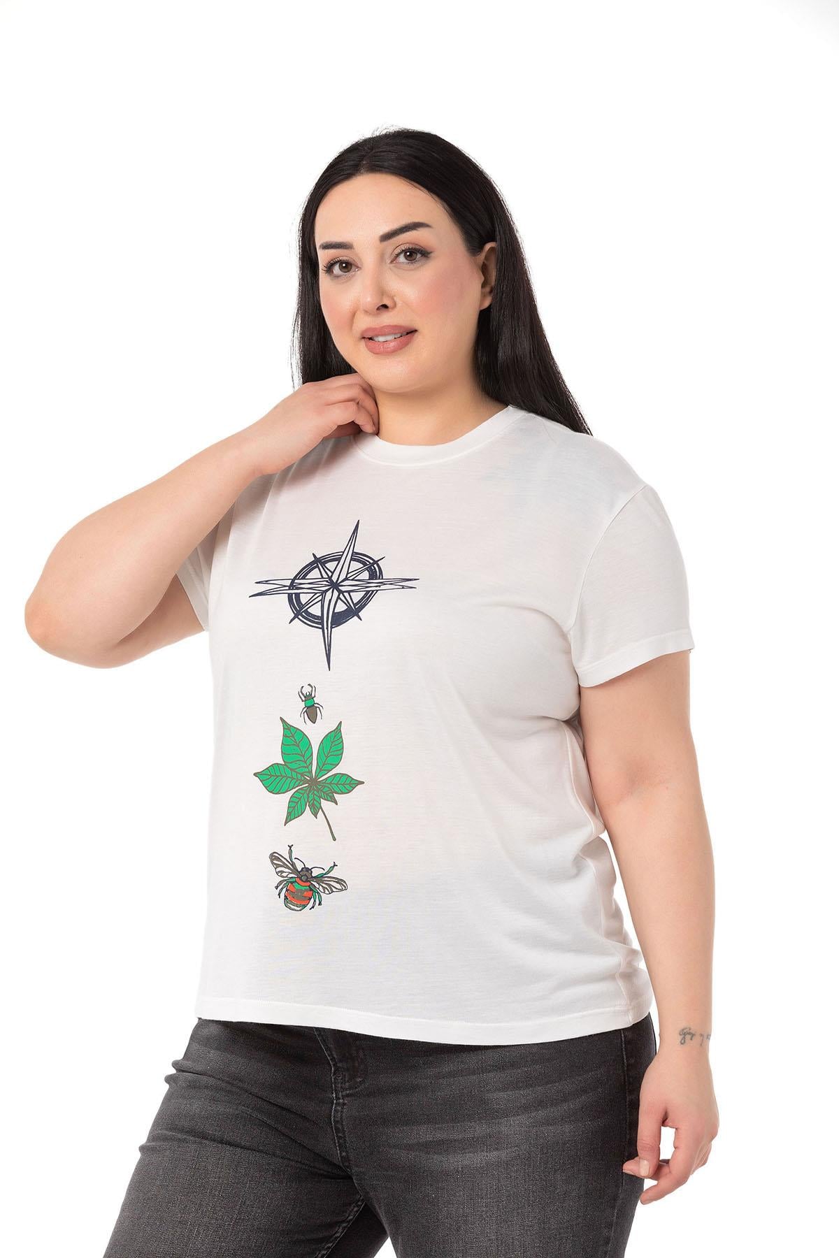 Plus Size Compass Printed Crew Neck White T-shirt