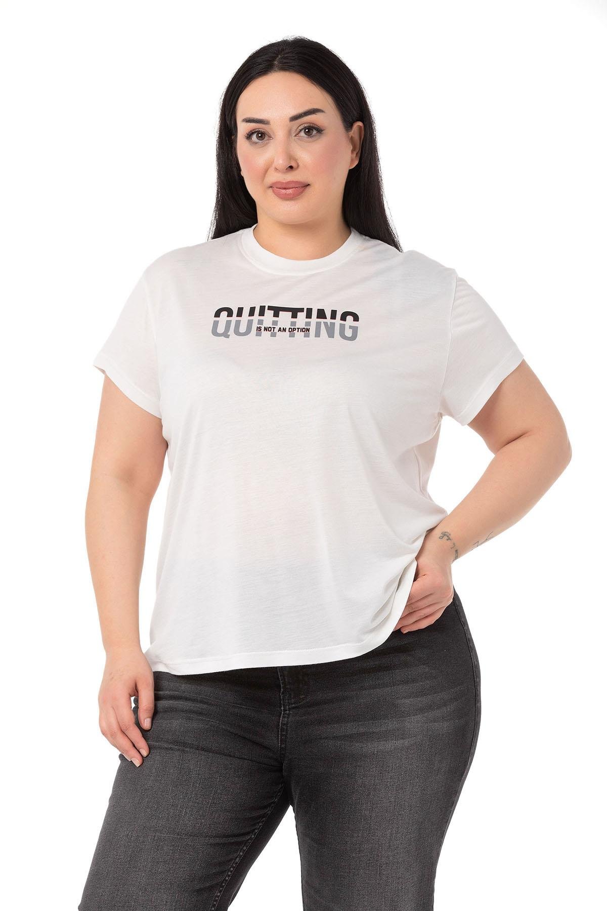 Büyük Beden Yazı Baskılı Bisiklet Yaka Beyaz T-shirt