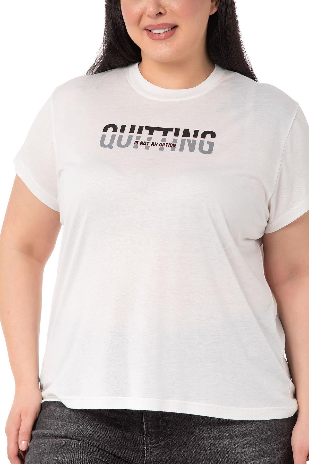 Büyük Beden Yazı Baskılı Bisiklet Yaka Beyaz T-shirt