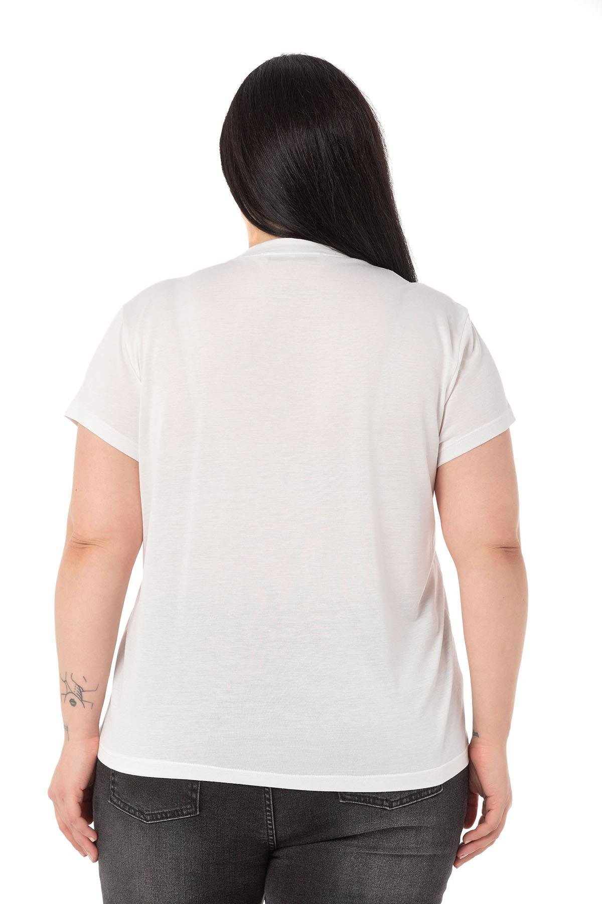 Büyük Beden Yazı Baskılı Bisiklet Yaka Beyaz T-shirt