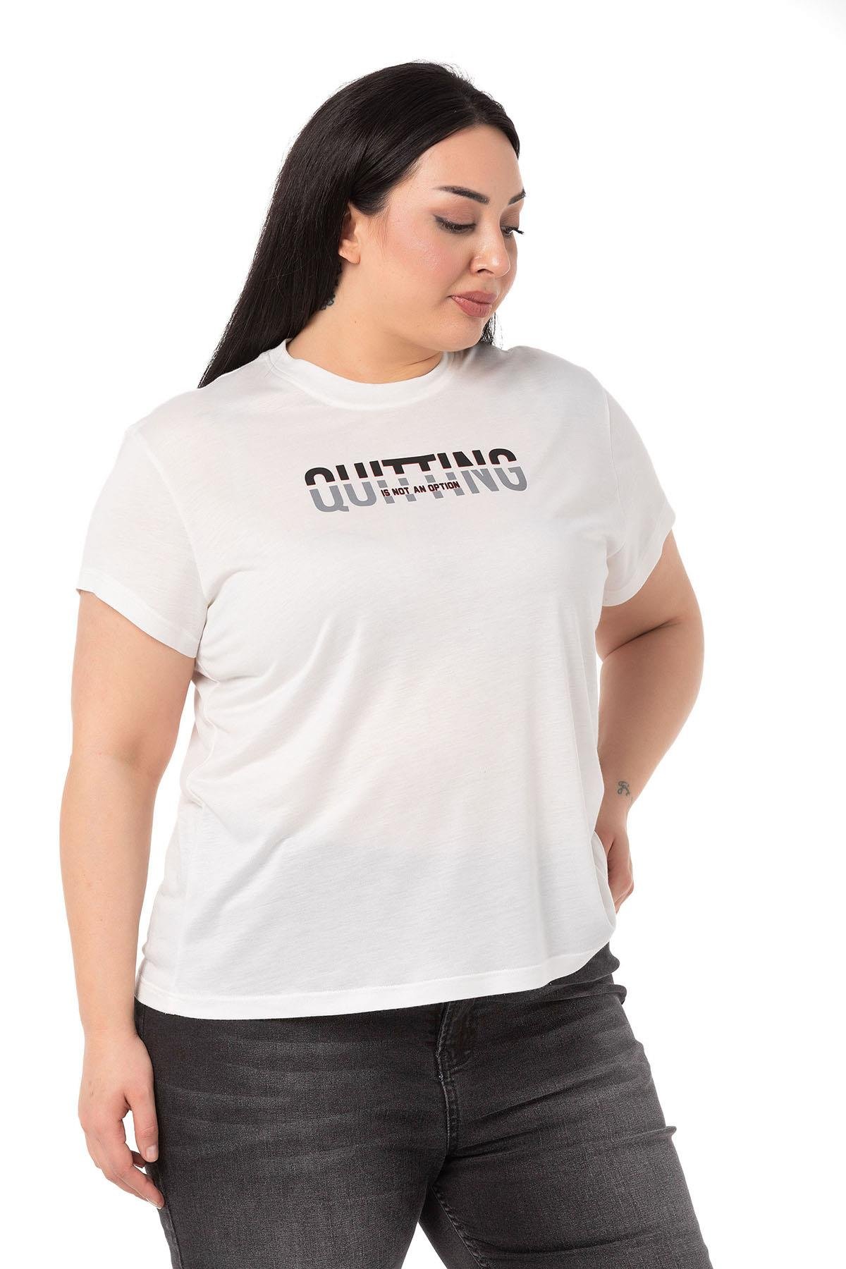 Büyük Beden Yazı Baskılı Bisiklet Yaka Beyaz T-shirt