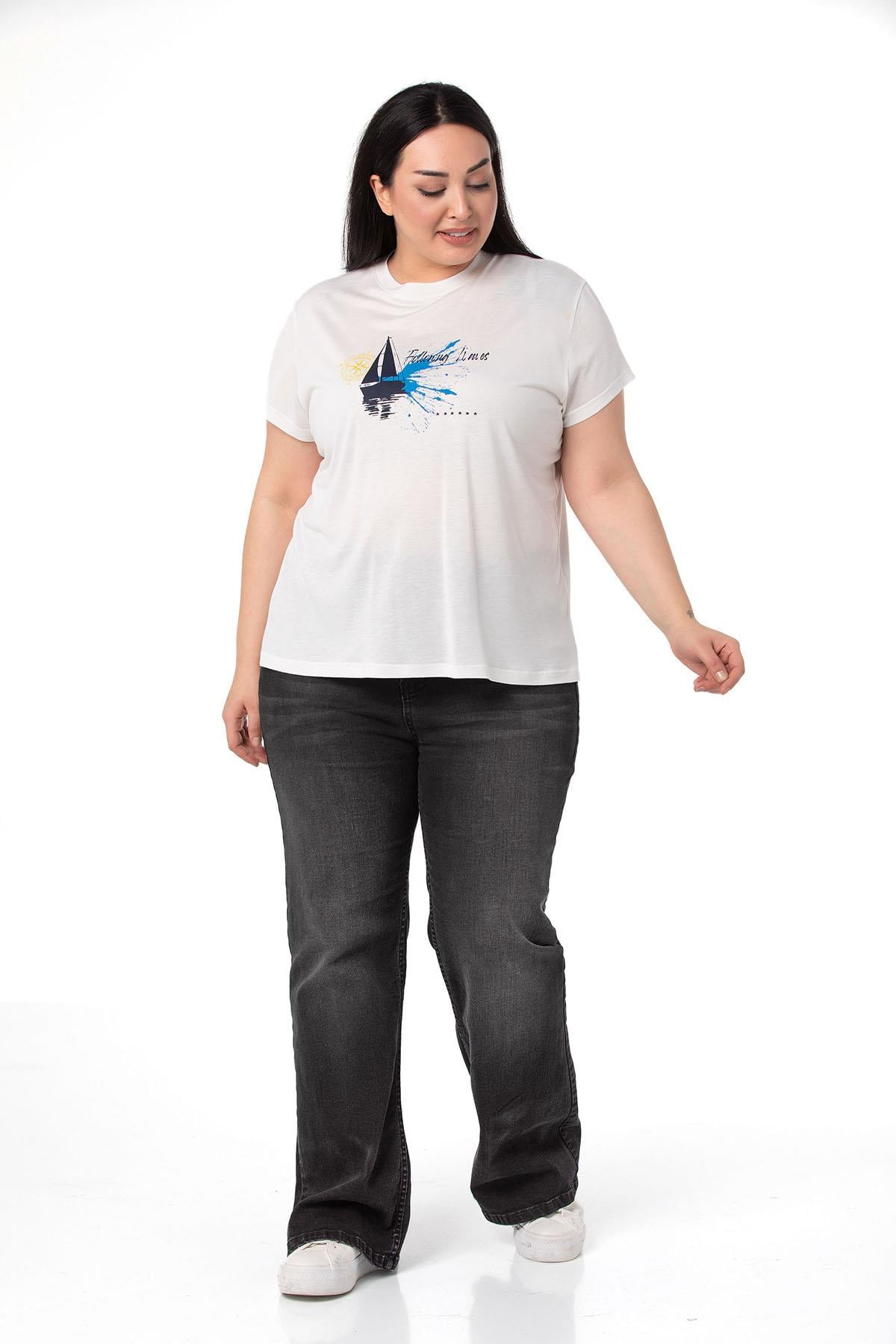 Plus Size Sailing Printed Crew Neck White T-shirt