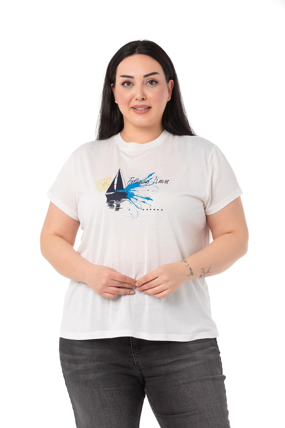 Plus Size Sailing Printed Crew Neck White T-shirt