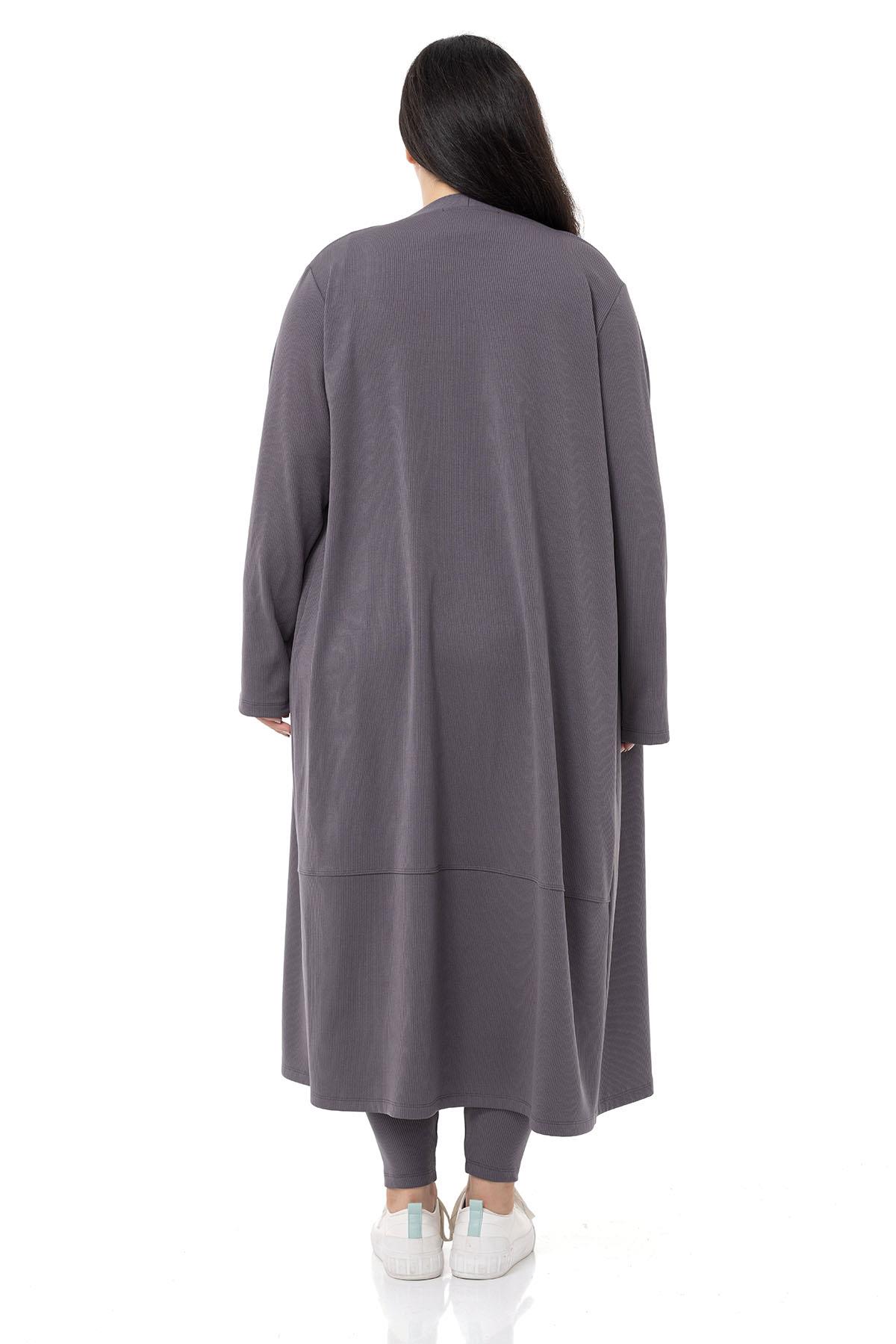 Plus Size Ribbed Crop Body Tights Cardigan Triple Gray Suit