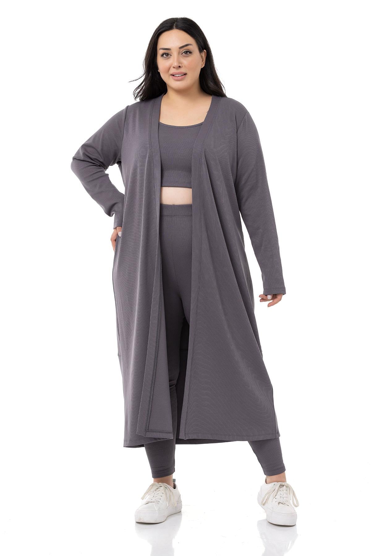 Plus Size Ribbed Crop Body Tights Cardigan Triple Gray Suit