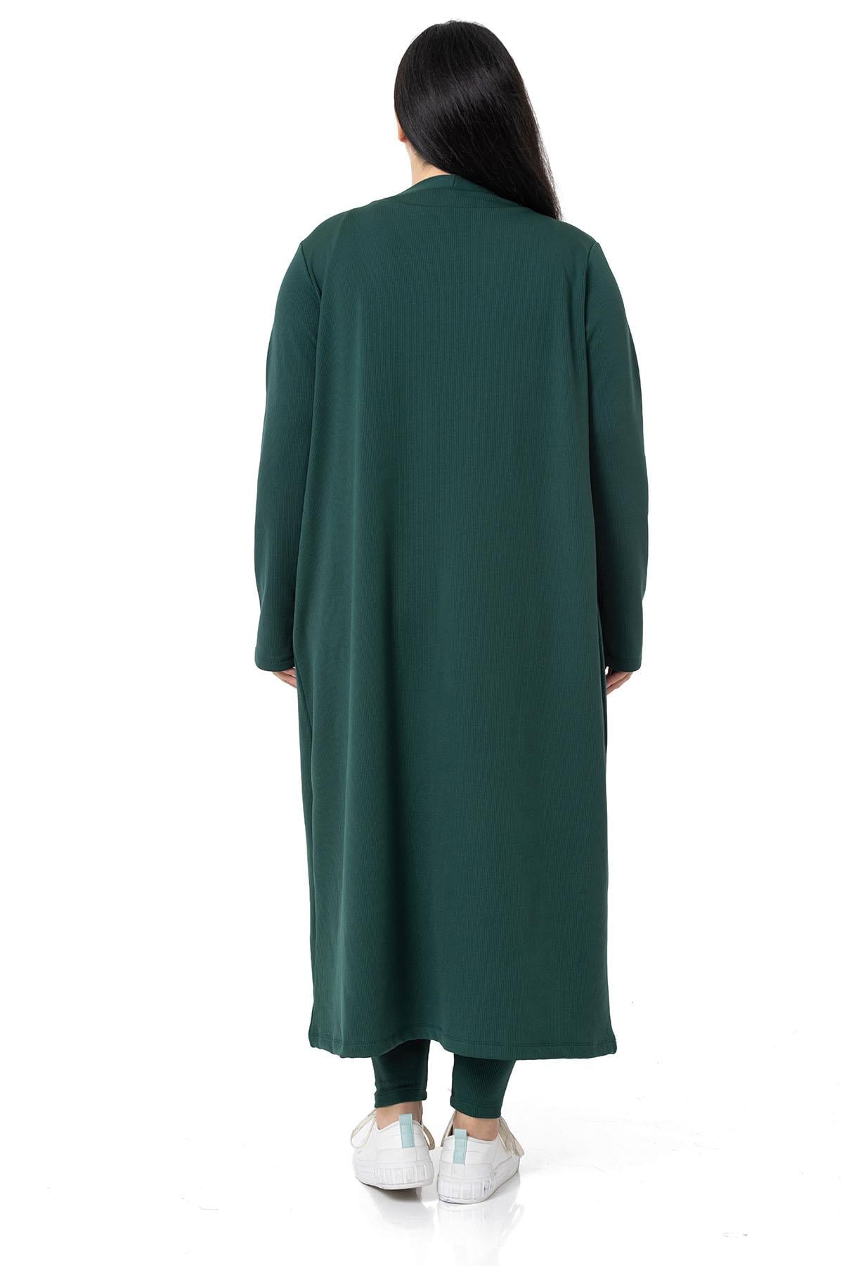 Plus Size Ribbed Crop Body Tights Cardigan Triple Emerald Suit
