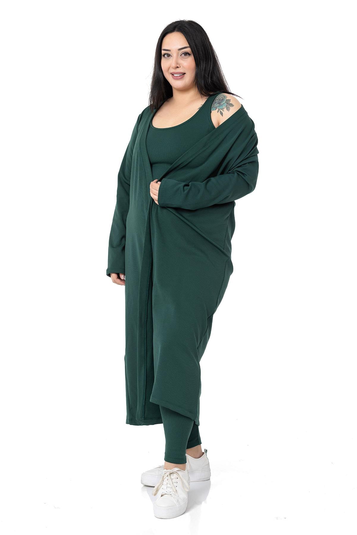 Plus Size Ribbed Crop Body Tights Cardigan Triple Emerald Suit