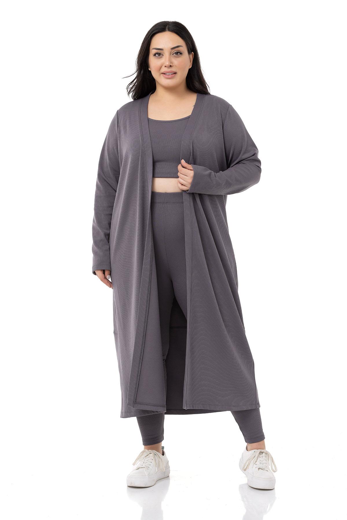 Plus Size Ribbed Crop Body Tights Cardigan Triple Gray Suit