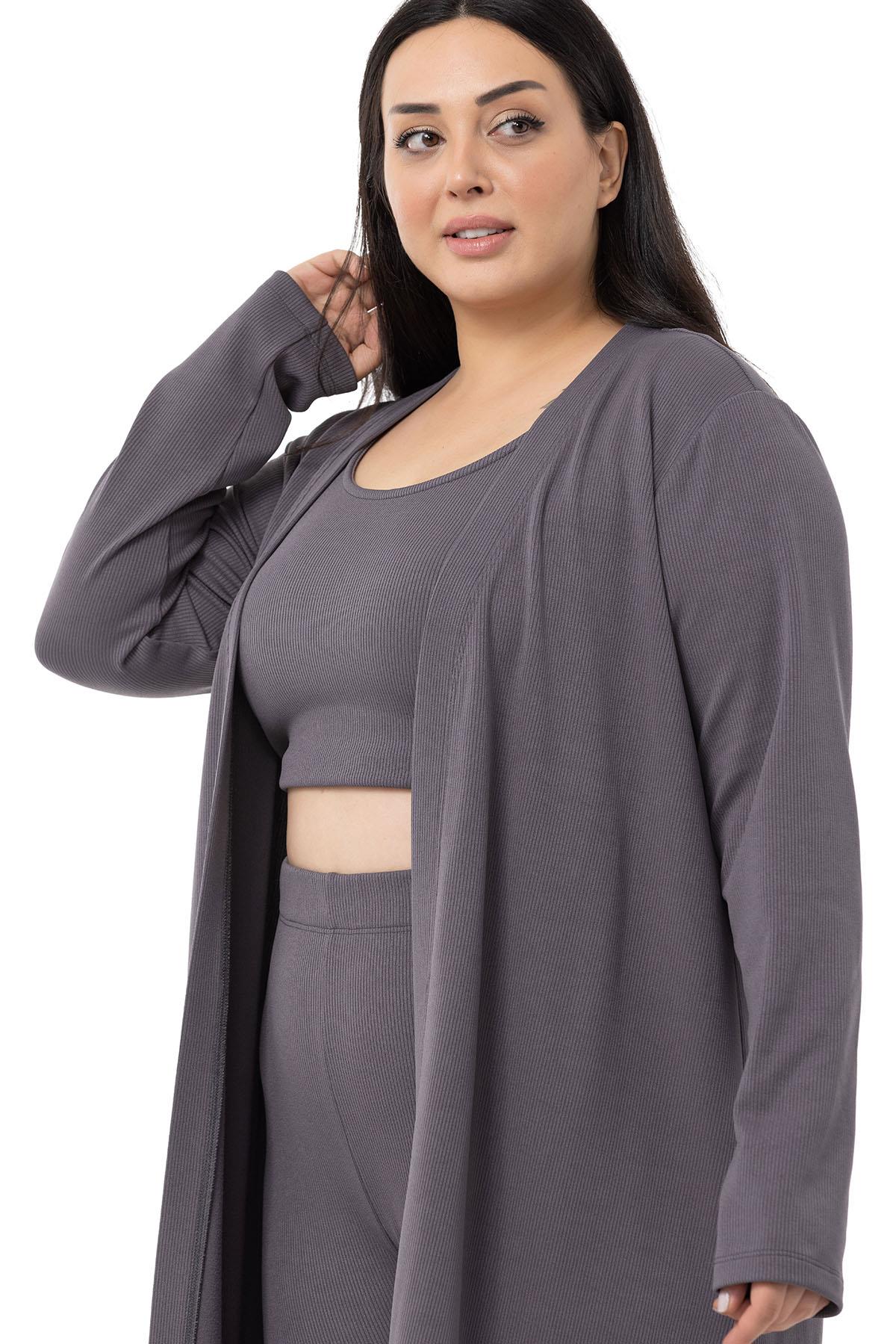Plus Size Ribbed Crop Body Tights Cardigan Triple Gray Suit