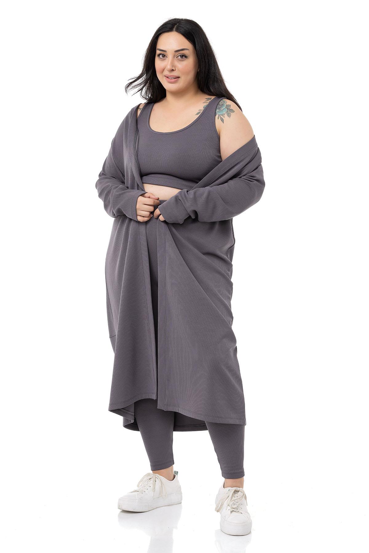 Plus Size Ribbed Crop Body Tights Cardigan Triple Gray Suit