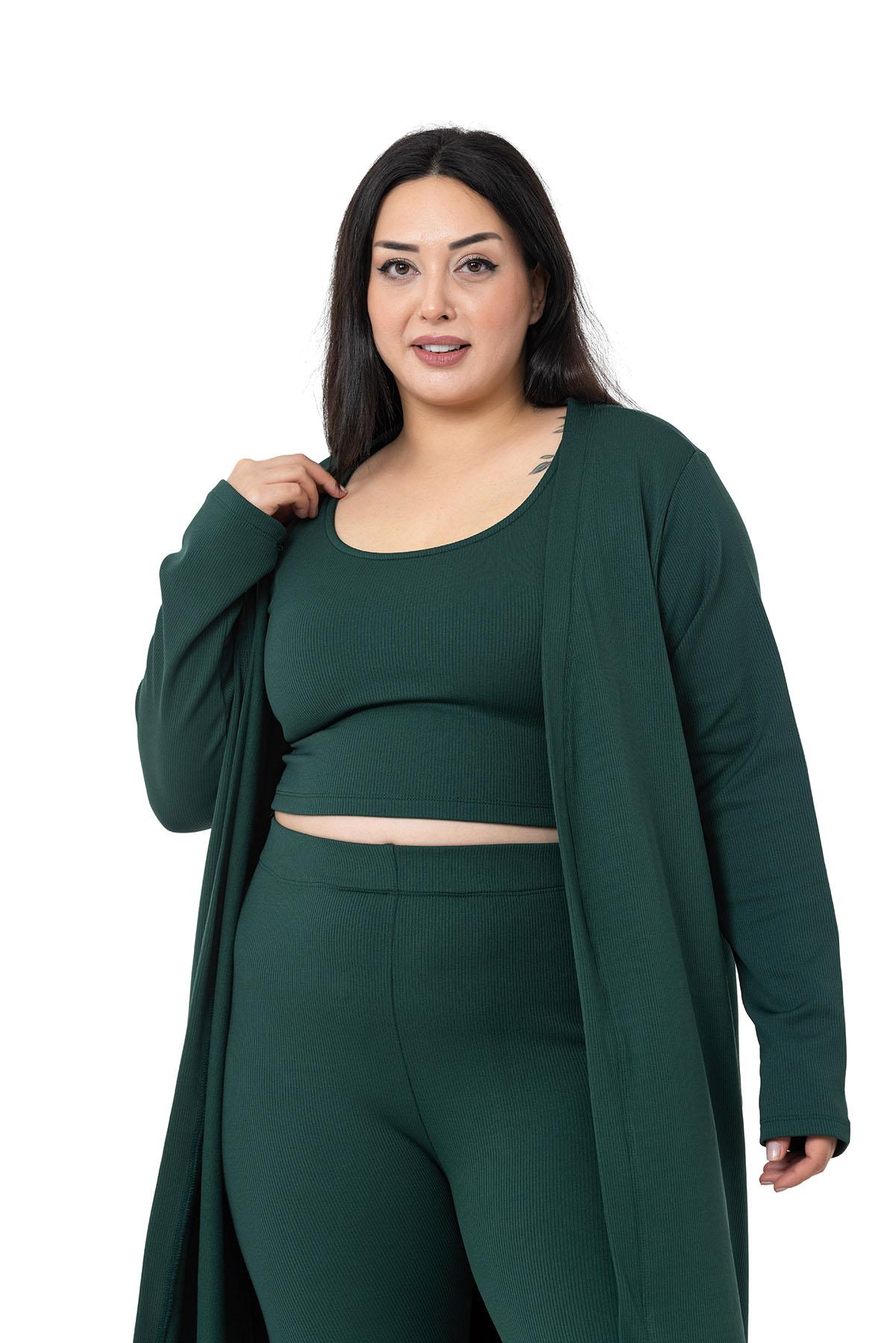 Plus Size Ribbed Crop Body Tights Cardigan Triple Emerald Suit