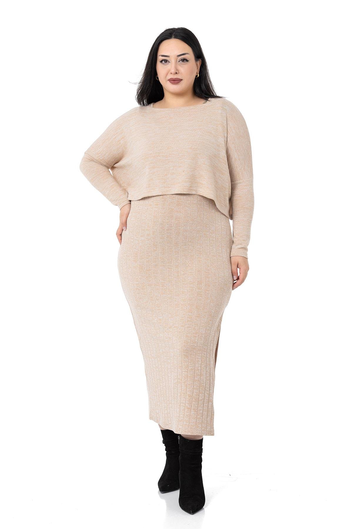 Büyük Beden Triko Elbise Bluz Bej Rengi İkili Takım 