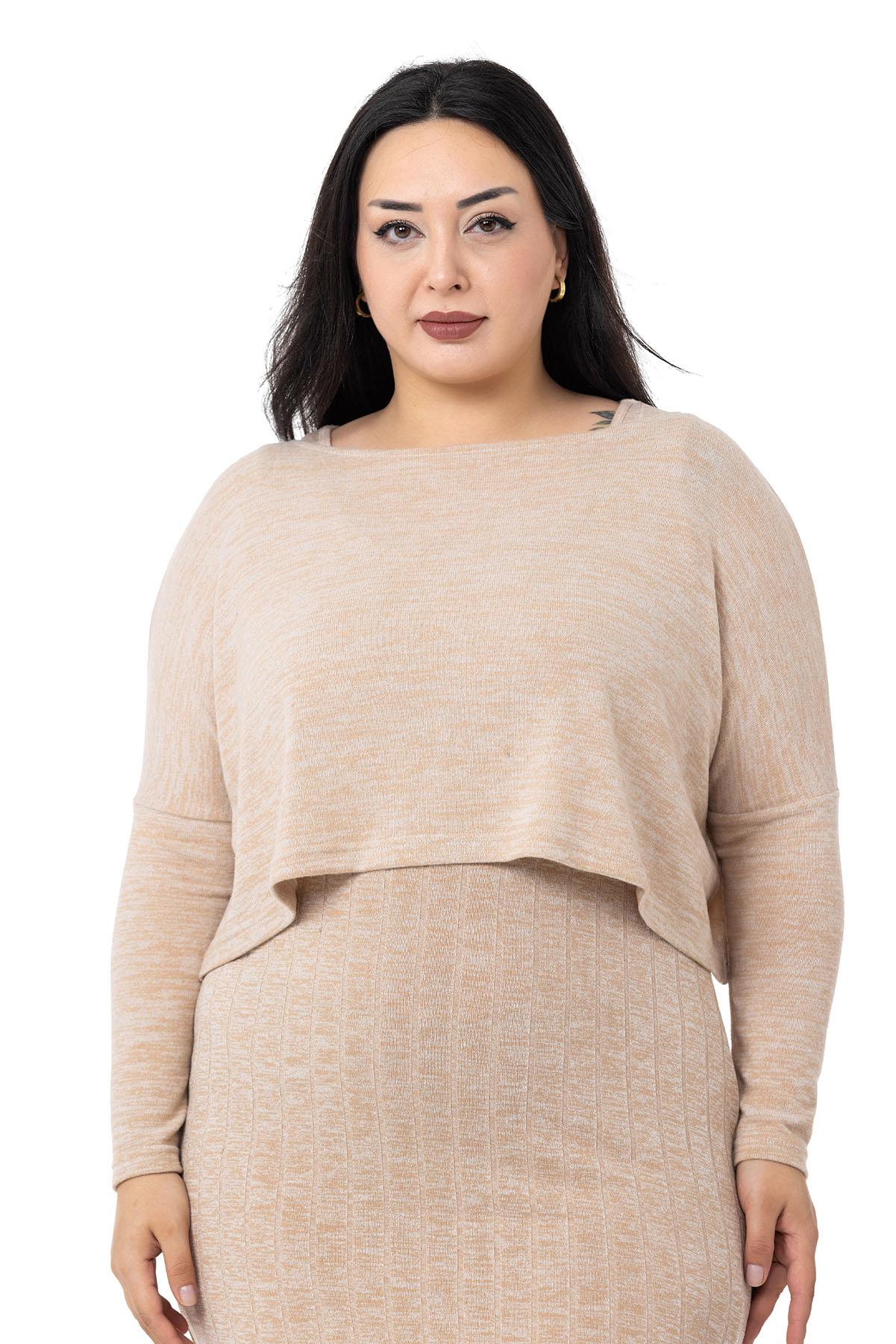 Büyük Beden Triko Elbise Bluz Bej Rengi İkili Takım 