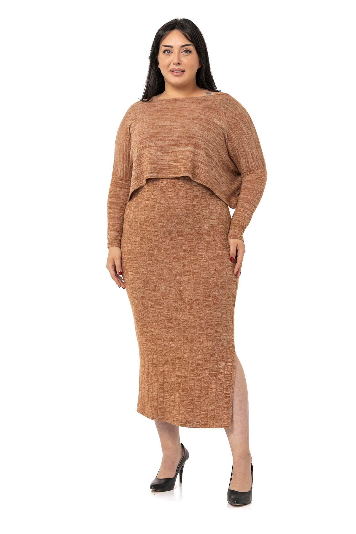 Büyük Beden Triko Elbise Bluz Kahverengi İkili Takım 