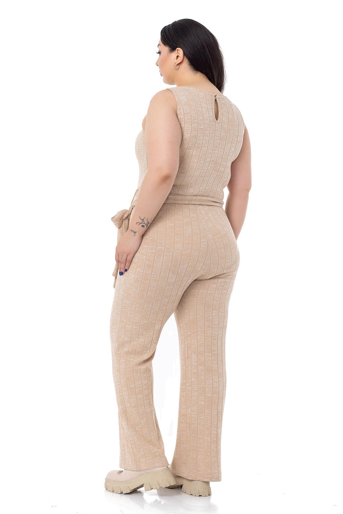 Plus Size Jumpsuit Cardigan Knitwear Beige Double Set